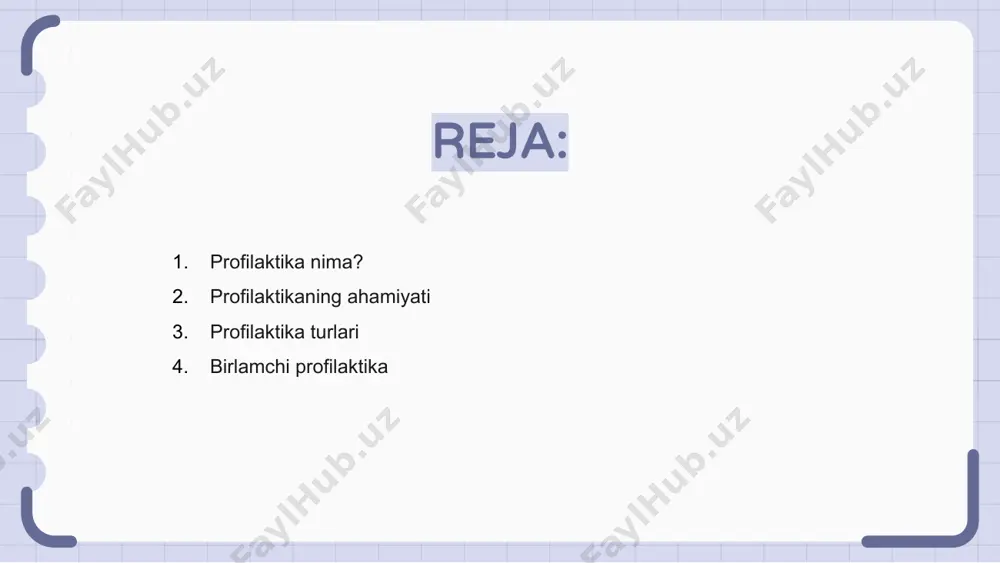 i o‘z ichiga oladi. bu profilaktika turi odamlarga to‘g‘ri ovqatlanish, jismoniy faollik va zararli odatlardan voz kechishni o‘rgatish orqali kasalliklarning rivojlanish ehtimolini kamaytirishga yordam beradi. shuningdek, sanitariya-gigiyena qoidalariga rioya qilish, emlash tadbirlarini o‘tkazish va ekologik sharoitlarni yaxshilash birlamchi profilaktikaning muhim tarkibiy qismlaridan hisoblanadi. ikkinchi darajali profilaktika ikkinchi darajali profilaktika kasallikni erta aniqlash va asoratlarning oldini olishga qaratilgan. bu tibbiy ko’riklar, diagnostika tadbirlari hamda skrining dasturlari orqali amalga oshiriladi. ushbu profilaktika turining muhim jihati kasallik belgilari paydo bo’lishidan oldin aniqlashdir. erta tashxis qo’yish orqali samarali davolash choralari ko’riladi va reabilitatsiya tezlashadi. ikkinchi darajali profilaktika sog’liqni saqlash tizimidagi muhim bosqichlardan biridir. u kasallik rivojlanishini sekinlashtirish va bemorlarga yaxshiroq hayot sifatini ta’minlashga yordam beradi. uchinchi darajali profilaktika uchinchi darajali profilaktika kasallikning asoratlarini kamaytirish va bemor hayot sifatini yaxshilashga qaratilgan. bu bosqich reabilitatsiya va jismoniy terapiya usullarini o'z ichiga oladi. bu profilaktika turi nogironlikni oldini olish hamda bemorlarning ijtimoiy moslashuvini yaxshilashga yordam beradi. tibbiy …