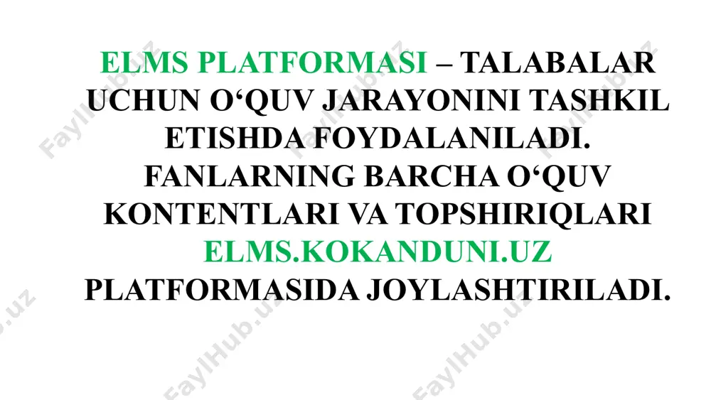 ochilgan oynada matn ma’lumotlar, videodarslar va mavzu yuzasidan test topshiriqlari joylashtiriladi. ma’ruza matnlari videodarslar test yechish oynasi 12. test topshirish oynasi. har bir mavzuni o‘zlashtirib bo‘lgach test topshiriqlarini bajarish lozim. test har bir mavzu so‘ngida qo‘yiladi. test yechib bo‘lgandan so‘ng yuqoridagi fan nomi havolasi bosib fan bosh sahifasiga qaytiladi. test yechish oynasi fanni tanlash 13. amaliy mashg‘ulotlar tegishli mavzularga joylashtiriladi. har bir fandan kamida 3 ta amaliy mashg‘ulot topshirig‘i beriladi. 14. amaliy mashg‘ulotlar qismida ham dastlab mashg‘ulot materiallari beriladi. mashg‘ulotlar materiallari oynasi 15. amaliy mash‘ulotlar so‘ngida maxsus oynada topshiriq joylashtiriladi. berilgan topshiriq shartlarini tanishib tayyorlangan ishlar fayl yuklash oynasiga joylanib tasdiqlash tugmasini bosish orqali fan o‘qituvchisiga yuboriladi. amali mashg’ulotlar topshiriqlariga jovoblarni joylash oynasi e’tiboringiz uchun rahmat!!! image1.jpeg image2.png image3.png image4.png image5.png image6.png image7.png image8.png image9.png image10.png image11.png image12.png image13.png image14.png image15.png /docprops/thumbnail.jpeg