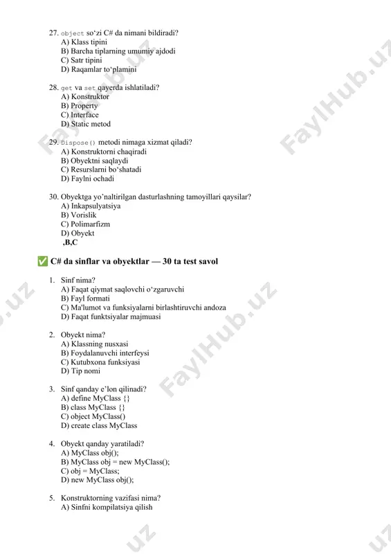 n o‘rnatish mumkin? a) konstruktor ichida b) har safar chaqirilganda c) e’lon qilinganda d) faqat metod ichida 17. sinfning default konstruktoriga misol keltiring. a) void myclass() {} b) public myclass() {} c) myclass.create() {} d) constructor() {} 18. object tipi c# da nimani anglatadi? a) satr b) int c) barcha tiplarning asos tipi d) fayl formati 19. gettype() metodi nima qiladi? a) obyektni o‘chiradi b) fayl turi chiqaradi c) obyekt tipini aniqlaydi d) interfeys chaqiradi 20. tostring() metodi nima vazifani bajaradi? a) obyektni raqamga aylantiradi b) obyektni satrga aylantiradi c) faylni yaratadi d) konstruktorni chaqiradi 21. null obyektga nima bo‘ladi? a) ishlatilmaydi b) standart qiymatga ega c) referens yo‘q d) 0 ga teng 22. is operatorining vazifasi nima? a) ma’lumot turini solishtiradi b) fayl ochadi c) sinfni yaratadi d) qiymatni o‘zgartiradi 23. as operatorining vazifasi nima? a) satrga o‘zgartiradi b) klassga aylantiradi c) tipga xavfsiz konvertatsiya qiladi d) faylga yozadi …