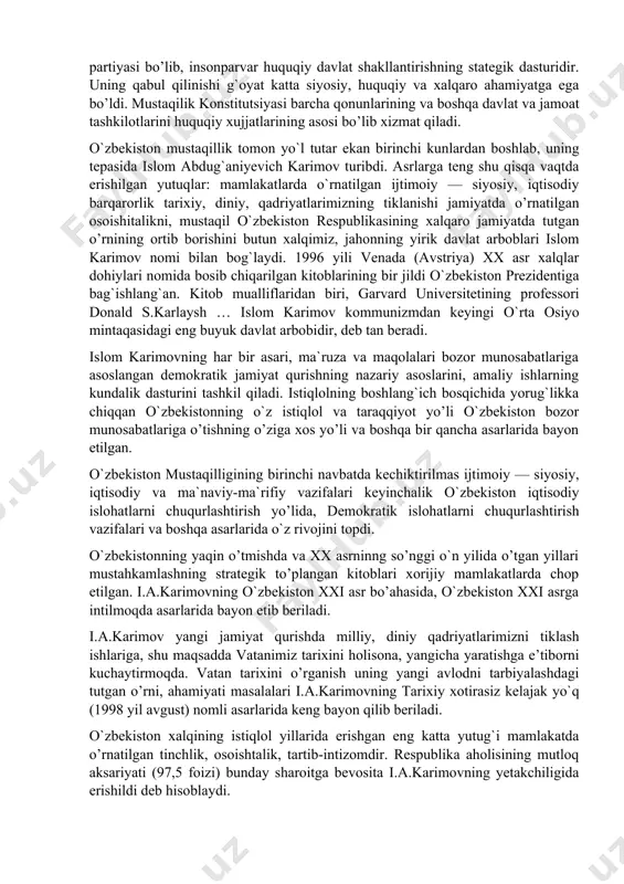 ga xosligini respublika tabiiy sharoitini aks ettiradi. o`zbekiston respublikasi oliy kengashining 1992 yildagi x sessiyasida o`zbekiston respublikasining dalvat gerbi to`g`risidagi qonun, 1992 yil 10 dekabrdagi xi sessiyasida o`zbekiston respublikasining madhiyasi to`g`risidagi qonun qabul qilindi. o`zbekiston respublikasi davlat ramzlarining qabul qilinishi mamlakatimiz mustaqilligini mustahkamlashda katta ahamiyatga ega bo’ldi. konstitutsiya – davlatning asosiy qonuni bo`lib, buyuk kelajakning huquqiy kafolatidir. yangi konstitutsiyani tayyorlash g`oyasi 1990 yilning mart oyida ilgari surila boshlandi. ko`p o`tmay, iyun oyida oliy kengashning ikkinchi sessiyasida i.a.karimov boshchiligida konstitutsiyaviy komissiya tuzildi. komissiya mustaqillikning huquqiy asoslarini ishlab chiqish jarayonida xalqaro huquq qoidalariga, birlashgan millatlar tashkiloti hujjatlariga butunjahon inson huquqlari deklaratsiyasiga tayandi. shu bilan birga boy tariximizdagi davlat boshqaruvi va odatli qonunshunoslik an`analari ham chuqur o`rganildi. 1992 yil 8 dekabrda o`zbekiston respublikasi oliy kengashining xii chaqiriq xi sessiyasida mustaqillik konstitutsiyasi qabul qilindi. uning mohiyati asosiy qoidalar bo`limida bayon etilgan. bu qoidalar: davlat suvereniteti: xalq hokimiyati: fuqarolar huquq va erkinliklirni ta`minlash: qonuniylik: hokimiyatni …