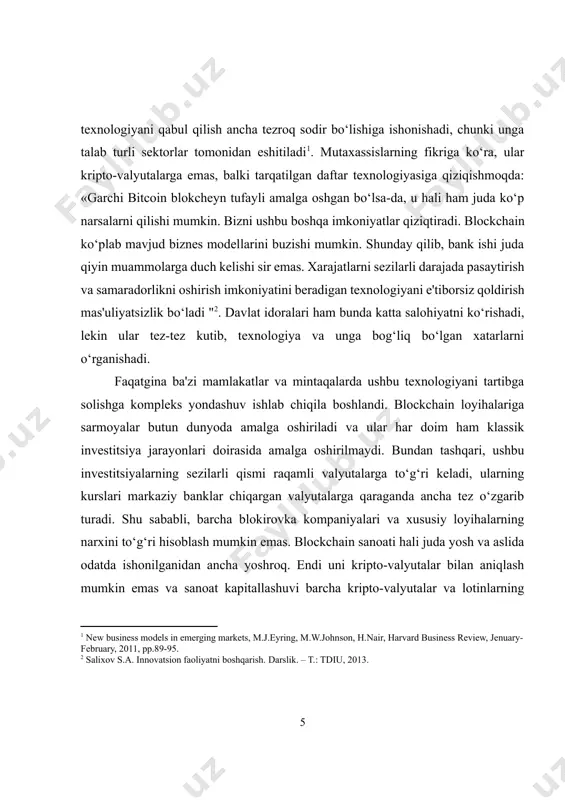 iqilishi mumkin. axir, blockchain loyihalarining tobora ko‘payib borayotgani ichki moliyaviy tarkibiy qismlarsiz ishlab chiqilmoqda. mavzuning dolzarbligi. mamlakatimizda raqamli iqtisodiyotni faol rivojlantirish, barcha tarmoqlar va sohalarda, eng avvalo, davlat boshqaruvi, ta’lim, sog‘liqni saqlash va qishloq xo‘jaligida zamonaviy axborot-kommunikatsiya texnologiyalarini keng joriy etish bo‘yicha kompleks chora-tadbirlar amalga oshirilmoqda. xususan, elektron hukumat tizimini takomillashtirish, dasturiy mahsulotlar va axborot texnologiyalarining mahalliy bozorini yanada rivojlantirish, respublikaning barcha hududlarida it-parklarni tashkil etish, shuningdek, sohani malakali kadrlar bilan ta’minlashni ko‘zda tutuvchi 220 dan ortiq ustuvor loyihalarni amalga oshirish boshlangan. bundan tashqari, 40 dan ortiq axborot tizimlari bilan integratsiyalashgan geoportalni ishga tushirish, jamoat transporti va kommunal infratuzilmani boshqarishning axborot tizimini yaratish, ijtimoiy sohani raqamlashtirish va keyinchalik ushbu tajribani boshqa hududlarda joriy qilishni nazarda tutuvchi “raqamli toshkent” kompleks dasturi amalga oshirilmoqda. o‘zbekiston respublikasi prezidentining 2020 yil 5 - oktabrdagi “raqamli o‘zbekiston — 2030” strategiyasini tasdiqlash va uni samarali amalga oshirish chora-tadbirlari to‘g‘risida” pf-6079-son farmoni yuqorida takidlaganlarimizni amalga oshirishdagi huquqiy …