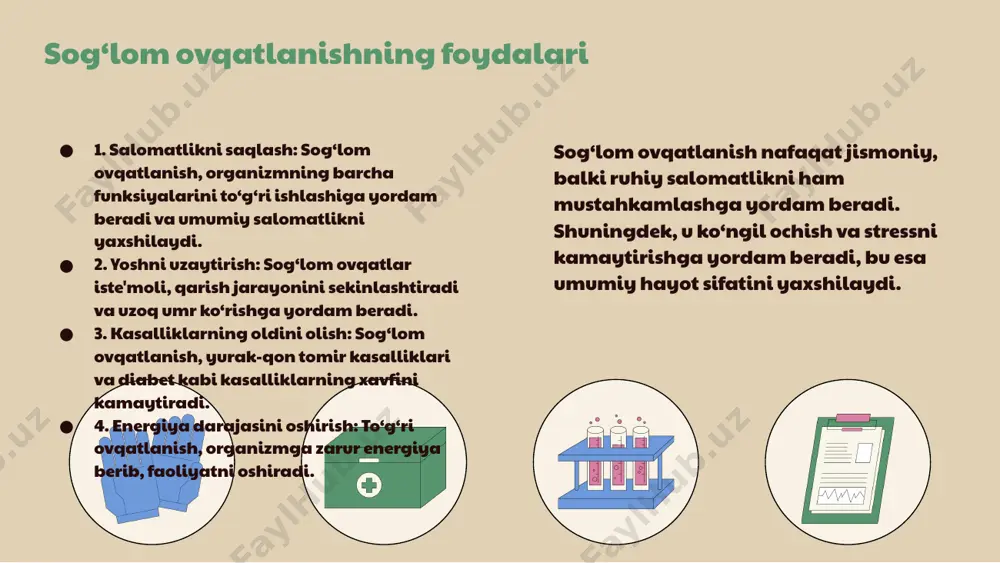 . bu sizga vaqt va joyni tejash imkonini beradi. oilaviy faoliyatlar oila bilan birga jismoniy faoliyatlarni o'rnatish sog'lom turmush tarzini rivojlantirishda muhimdir. masalan, sayr qilish, sport o'ynash yoki birgalikda raqsga tushish kabi mashg'ulotlar tashkil etish mumkin. 1. 2. 3. 4. psixologik salomatlikni yaxshilashning asosiy usullari psixologik salomatlik, insonning o'zini yaxshi his qilishiga, stressga bardosh bera olishiga va munosabatlarni to'g'ri o'rnatishiga qaratilgan holatdir. psixologik salomatlik sog'liqning muhim jihatidir, chunki u shaxsning hissiy va ruhiy holatini belgilaydi. psixologik salomatlikni yaxshilash usullarini qo'llash, insonning hayot sifatini oshirishga, ijtimoiy aloqalarni mustahkamlashga va stressni kamaytirishga yordam beradi. ushbu usullar yordamida shaxslar o'z ichki resurslarini rivojlantirib, ruhiy barqarorlikka erishishlari mumkin. stressni boshqarish usullari stress nima? stress - bu insonning hayotidagi qiyinchiliklar va bosimlarga javoban his qiladigan psixologik va jismoniy holatidir. u odamning ruhiy va jismoniy salomatligiga salbiy ta'sir ko'rsatishi mumkin. stressni boshqarish uchun tavsiyalar stressni boshqarish uchun birinchi navbatda, o'z vaqtini to'g'ri rejalashtirish va dam olishga …
