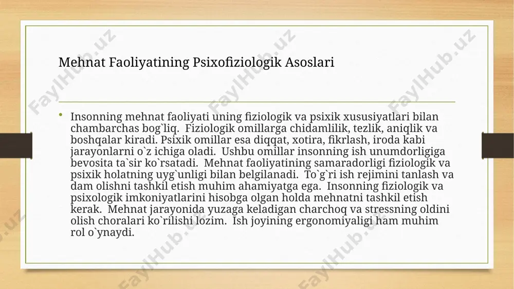 ni targ`ib qilish kerak. sport va dam olish joylarini tashkil etish, sog`lom ovqatlanish madaniyatini targ`ib qilish muhimdir. ishchilarga sog`lom turmush tarzini shakllantirish bo`yicha maslahatlar berish kerak. mehnatda sog`lom turmush tarzini shakllantirish ish unumdorligini oshiradi va kasbiy kasalliklarning oldini oladi. mehnatda sog`lom turmush tarzini shakllantirish mehnat psixologiyasi ekspertizasi ish unumdorligini oshirish, kasbiy stressni kamaytirish va mehnat jamoasidagi psixologik iqlimni yaxshilashda muhim rol o`ynaydi. ekspertiza natijalari ishchilarning kasbiy faoliyatiga moslashuvchanligini aniqlashga va ularga kerakli tavsiyalar berishga yordam beradi. ekspertiza natijalari ish beruvchilarga ishchilarni tanlash va joylashtirishda yordam beradi. ekspertiza shuningdek ishchilarning kasbiy rivojlanishiga yordam beradi. ekspertiza yordamida ish sharoitlarini yaxshilash va ishchilarning sog`lig`ini saqlash mumkin. ekspertiza natijalari ish joyidagi xavfsizlikni ta`minlashga yordam beradi. ekspertizaning ahamiyati zamonaviy ish sharoitlarida ortib bormoqda. mehnat psixologiyasi ekspertizasining ahamiyati mehnat psixologiyasi ekspertizasi turli sohalarda qo`llaniladi. masalan, sanoat korxonalari, ta`lim muassasalari, tibbiyot muassasalari va boshqa sohalarda qo`llaniladi. ekspertiza yordamida ishchilarni tanlash, ularni o`qitish va malakasini oshirish mumkin. ekspertiza …