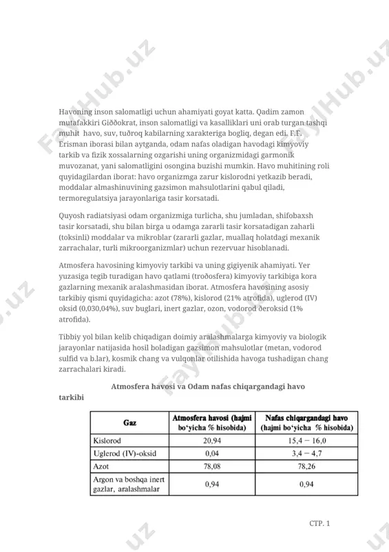 alari nafas bilan olingan havo tarkibidagi kislorodning taxminan 1/4 qismini yutadi. nafas bilan olinadigan havo tarkibidagi kislorod miqdo- rining 7�8% gacha kamayishi organizmning kislorod bilan yetarlicha ta�minlanmasligiga hamda hayot faoliyatining buzi- lishiga olib keladi. shuni aytish kerakki, mns (markaziy nerv sistemasi) giðoksiyaga, ayniqsa sezuvchandir. havo muhitida doimo kislorod aylanishi sodir bo�lib turadi, shu sababli at- mosferada uning miqdori deyarli o�zgarmaydi. kislorod odam va hayvonlarning nafas olishi, organik moddalarning oksidlanishi, yoqilg�ining yonishi va boshqalarga sarf qilinadi. atmosferadagi kislorod miqdori o�simliklar chiqaradigan kislorod hisobiga tiklanib turadi. o�simliklar karbonat angidrid gazini yutib, undagi uglerodni o�zlashtiradi va ajralib chiqqan erkin kislorodni atmos- feraga ajratadi. suv bug�larining atmosfera yuqori qatlamlarida ultrabinafsha nurlar ta�siri ostida fotokimyoviy ðarchalanishi ham kislorod hosil bo�ladigan manbadir. odatiy sharoitlarda (kis- lorod kirishi cheklangan holatlar: suvosti kemalari, shaxtalar, ðana joylar va shu kabilar bundan istisno) kislorod yetish- movchiligining bo�lmasligi shu bilan izohlanadi.organizm uchun kislorodning havodagi absolut miqdori emas, balki uning ðarsial bosimi …