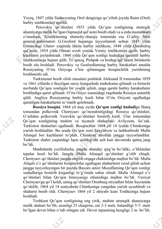 ’da qiladilar. biroq ularning rasmiy hujjatlari bo’lmagani sababli amir nasrullo ularni zindonga tashlatadi. bularni qutqarish uchun angliya tomonidan turkiya homiyligida mayor volf buxoroga yuboriladi, ammo uning 1843-1845 yillarda buxorodagi urinishidan ham natija chiqmadi, zindondagilar qatl etiladi, volfning o’zi zo’rg’a qochib qutiladi. shuningdek, 1843 yilda xivaga kelgan kapitan ebbot ham angliya manfaatlari yo’lida ishlagani ma’lum. ingilizlarning o’rta osiyoda jiddiyroq siyosat yuritishiga afg’oniston xalaqit berardi. shu boisdan inglizlar maxsus «afg’on siyosati»ni ishlab chiqib, afg’oniston amirini bo’ysundirish, hirot va qandahorni inglizlar mulkiga aylantirish, ularda harbiy kuchlarni joylashtirishni rejalashtiradi. shu maqsadda angliya 1838-1842 va 1878-1880 yillarda afg’onistonga ikki marta bosqinchilik urushlari uyushtirdi. biroq afg’onistonni bo’ysundira olmadi. ost-hindiston kompaniyasi o’rta osiyo bozorlariga kirish va egallab olish, bozorlarda ingliz tovarlarining rossiya tovarlarini siqib chiqarishini ta’minlashga zo’r berdi. bu borada ular hind va fors savdogarlaridan keng foydalandi. buyuk britaniyaning o’rta osiyoga kirish va uni egallashga intilishi chor rossiyasini tashvishga soldi. u xonliklarga bevosita chegaradosh bo’lganidan foydalanib, harbiy …