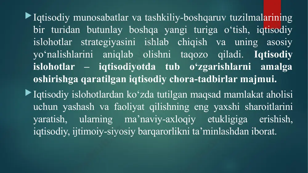 sqichidayoq qishloq xo‘jaligini isloh qilishga ustunlik berildi. bunga quyidagilar sabab bo‘ldi: - respublikamiz iqtisodiyotida agrar soha ustunlikka egaligi, aholining ko‘pchiligi qishloq xo‘jaligida bandligi, iqtisodiy o‘sishning ko‘p jihatdan shu tarmoq ahvoliga bog‘liqligi; - respublika butun sanoat potensialining yarmiga yaqinini tashkil qiladigan sanoatning ko‘pgina tarmoqlarini (paxta tozalash, to‘qimachilik, engil, oziq-ovqat, kimyo sanoati, qishloq xo‘jalik mashinasozligi va boshqalar) rivojlantirish istiqbollari bevosita qishloq xo‘jaligiga bog‘liqligi; - qishloq xo‘jalik mahsulotlari (asosan paxta) hozirgi vaqtda valyuta resurslari, respublika uchun zarur bo‘lgan oziq-ovqat mahsulotlari, dori-darmonlar, texnika va texnologiya uskunalarini chetdan sotib olishni ta’minlayotgan asosiy manba ekanligi; - mustaqillik sharoitida qishloq xo‘jaligining oziq-ovqat muammosini hal etishdagi rolining ortib borishi. moliya-kredit va narx-navo islohoti mavjud iqtisodiy tizimning izchillik bilan bozor munosabatlariga o‘sib o‘tishida moliya-kredit sohasini isloh qilish alohida o‘rin tutadi. moliyaviy munosabatlarda davlat byudjeti taqchilligini kamaytirib borish, byudjetdan beriladigan dotatsiyalar va subsidiyalarni bosqichma-bosqich qisqartirish, birinchi darajali, eng zarur umumdavlat ehtiyojlari uchungina byudjetdan mablag‘ ajratish, iqtisodiyotni rivojlantirishda investitsiya kreditlaridan keng …