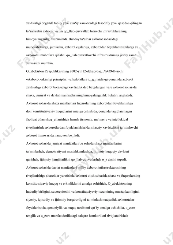 olish ta‘minlangan bo‗ladi; – foydalanish huquqlariga (mualliflikka) ega barcha foydalanuvchilar axborotdan foydalana olishliklari. ta‘kidlash joizki, ayrim faoliyat sohalari (bank va moliya institutlari, axborot tarmoqlari, davlat boshqaruv tizimlari, mudofaa va maxsus tuzulmalar) ularda ko‗riladigan masalalarning muhimligi va xarakteriga ko‗ra, ularning axborot tizimlari faoliyati ishonchliligiga nisbatan yuqori talablar va xavfsizlik bo‗yicha maxsus choralar ko‗rilishini talab etadi. axborot xavfsizligining milliy xavfsizlik tizimidagi o‗rni. xxi asrda shaxs, jamiyat va davlat taraqqiyotida axborot resurslari va texnologiyalarining rolini ortishi natijasida o‗zbekistonda fuqarolik jamiyatini axborotlashtirilgan jamiyat sifatida qurish masalasini hal etish bilan birga quyidagi omillar milliy xavfsizlikni ta‘minlash tizimida axborot xavfsizligining yetakchi o‗rin egallashini belgilaydi: – milliy manfaatlar, ularga tajovuz va ularni bu tajovuzlardan himoyalash axborot va axborot sohasi orqali ifodalanadi, amalga oshiriladi. – inson va uning huquqlari, axborot va axborot tizimlari hamda ularga egalik qilish – bu nafaqat axborot xavfsizligining asosiy obyektlari, balki xavfsizlik sohasidagi barcha xavfsizlik obyektlarining asosiy elementlari hamdir; – axborot yondashuvidan asosiy ilmiy-amaliy …