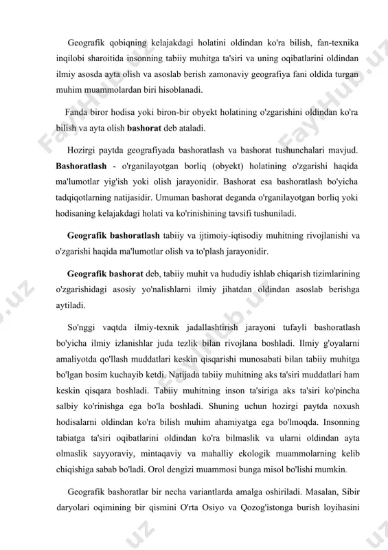 shiga sabab bo'ladi. orol dengizi muammosi bunga misol bo'lishi mumkin. geografik bashoratlar bir necha variantlarda amalga oshiriladi. masalan, sibir daryolari oqimining bir qismini o'rta osiyo va qozog'istonga burish loyihasini amalga oshirish va uning ekologik oqibati bir necha variantda ishlab chiqilgan. ulardan avvaliga 5—6, keyinchalik esa maqbul varianti tanlab olindi va mazkur variant asosida barcha hisob-kitob ishlari bajarildi. geografik bashoratlar turli muddatlarga tuziladi. shuning uchun bashoratlar muddatiga ko'ra quyidagi turlarga bo'linadi: operativ bashorat bir oy muddatga, qisqa muddatli bashorat 1 oydan 1 yilgacha, o'rta muddatli bashorat 1 yildan 5 yilgacha, uzoq muddatli bashorat 5 yildan 15 yilgacha, juda uzoq muddatli bashoratlar 15 yildan ko'proq muddatga ishlab chiqiladi, tabiiy geografik bashoratni amalga oshirish uchun tabiat komplekslari komponentlarining bashoratli xossalarini aniqlab olish lozim bo'ladi. ma'lum bir joyning relyefi, tog' jinslari, tuproqlari, suvlari, o'simligi va hayvonot dunyosi o'ziga xos xususiyatlarga ega bo'ladi. bu xususiyatlar haqidagi ma'lumotlar tabiiy geografik bashoratlarda ishlatiladi. tabiiy komplekslar komponentlarining tabiiy …
