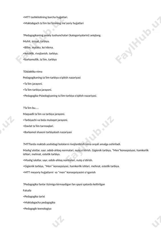 sasasining boshqaruv organi. nuqtalar o`rnidagi so`zni toping pedagogik kengash =vazirlik =maktab ta’lim tashkiloti =xalq ta`lim bo`limi ?tarbiyaning keng ma`noda qo`llaniladigan ta`rifi qaysi qatorda keltirilgan. shaxsga jamiyatning ta`sir etishi, ijtimoiy hodisa sifatida qaraladi. mazkur holatda tarbiya ijtimoiylashtirish bilan uyg`unlashadi =qo`yilgan maqsad va vazifalar bilan bogliqlikda ta`lim oluvchilaming egallashi lozim bo`lgan bilim, malaka, e’tiqod, shaxs sifati va xarakteri, xulq-atvor tizimi tushuniladi =har tomonlama barkamol shaxsni shakllantirish e’tiqod, shaxs sifati va xarakteri, xulq-atvor tizimi =jamiyat rivoji uchun zarur bo`lgan ijtirnoiy madaniyatga mos yetarlicha hajmdagi «inson kapitali»ni tayyorlash ?“ bu bir tomondan, ijtimoiy hodisa sifatida tarbiyaning xususiyatlari, ikkinchi tomondan, shaxsning rivojlanishi bilan bog`liq bo`lgan barqaror aloqalar yig`indisi” ushbu ta`rif qaysi tushunchaga nisbatan qo`llanilgan tarbiya qonuniyatlari =tarbiya tamoyillari =tarbiya metodlari =tarbiya turlari ?nutq faoliyatining turini toping og’zaki, yozma =og’zaki =bilish, o‘rganish =o‘rganish. ?tarbiya tamoyillari nechta 8 =7 =6 =5 ?tarbiya va tarbiyalanuvchilar orasidagi munosabatlar turiga qarab qanday turlariga bo`linadi aqliy, axloqiy, estetik, mehnat, huquqiy =pragmatik, …