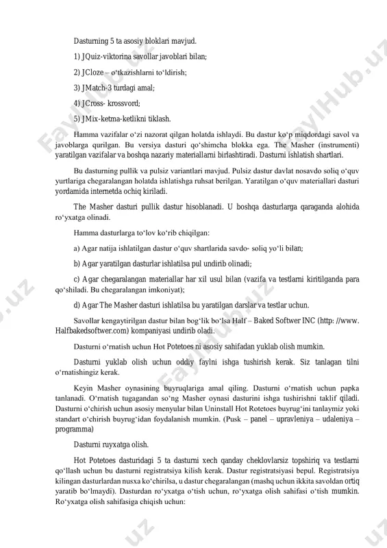 tkazishning har xil rejimlari xususan har bir katigoriyadan bittadan savol olish imkoniyati mavjud. dastur yordamida 10 ta turdagi mashqlarni va testlarni, turli xil matnlar grafika, audiolar tarzida tayorlash mumkin. bu dasturning asosiy qulay tarafi ma’lumotlar standart web cahifa ko‘rinishida saqlanadi. bu dasturda krasvord tuzish qulay hisoblanadi va uni chop etishga o‘tkazish mumkin. dasturning 5 ta asosiy bloklari mavjud. 1) jquiz-viktorina savollar javoblari bilan; 2) jcloze – o‘tkazishlarni to‘ldirish; 3) jmatch-3 turdagi amal; 4) jcross- krossvord; 5) jmix-ketma-ketlikni tiklash. hamma vazifalar o‘zi nazorat qilgan holatda ishlaydi. bu dastur ko‘p miqdordagi savol va javoblarga qurilgan. bu versiya dasturi qo‘shimcha blokka ega. the masher (instrumenti) yaratilgan vazifalar va boshqa nazariy materiallarni birlashtiradi. dasturni ishlatish shartlari. bu dasturning pullik va pulsiz variantlari mavjud. pulsiz dastur davlat nosavdo soliq o‘quv yurtlariga chegaralangan holatda ishlatishga ruhsat berilgan. yaratilgan o‘quv materiallari dasturi yordamida internetda ochiq kiriladi. the masher dasturi pullik dastur hisoblanadi. u boshqa dasturlarga qaraganda alohida …