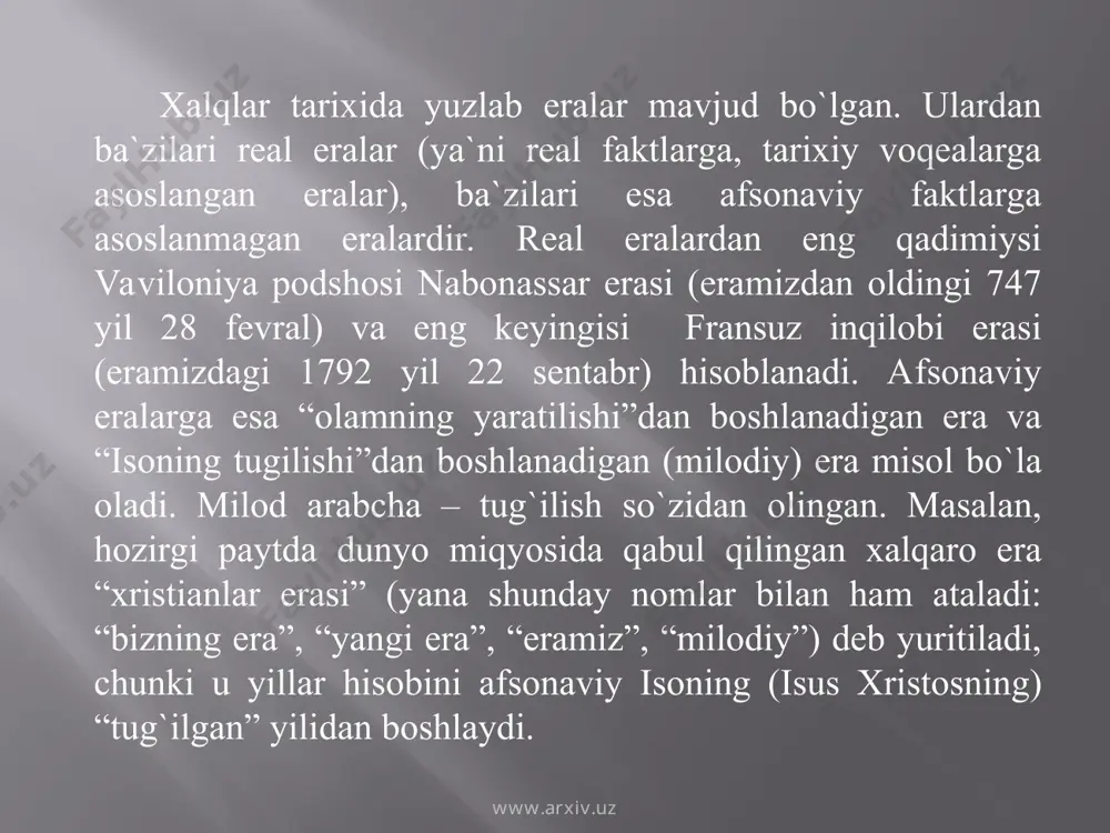 vojlantirish konsepsiyasi.t.,2010 . t.choriyev. a.do`stov. xronologiya.t- "yangi asr avlodi" -2003. mustaqil о`zbekiston tarixi 3 kitob. t- " sharq" – 2000. sharqshunoslik. 2- son.t- 1991. azimboy sa `dullayev. xorazm ma `mиn akademiyasi.xiva-2000 al - xorazmiy muzeyi. urganch. 2001. www.arxiv.uz www.arxiv.uz