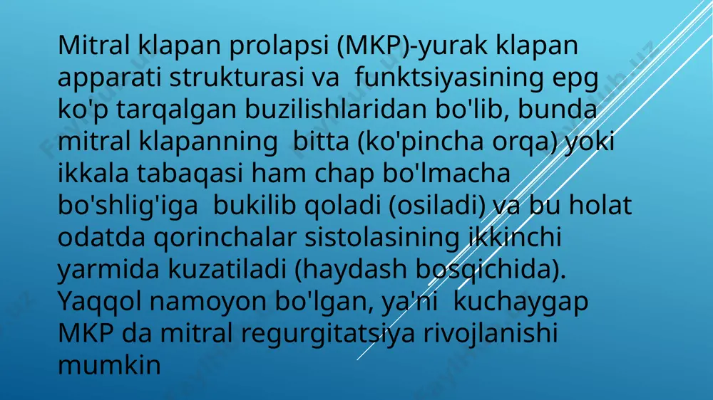 atoz irsiy determikirlashgan yoki patologik jarayonga klapan strukturasidagi biriktiruvchi to'qimaning nospetsifik reaktsiyasi bo'lib diskollagenoz bo'lishi nazarda tutiladi. miksomatoz degeneratsiya hujayra ichida tarkibida gialuron kislotasi va xondroitin sulfatlardan tashkil topgan kislotali mukopolisaxaridlarning to'planishini ortishi bilan ta'riflanadi; yallig'lanishni reaktsiyasisiz asosiy modda miqdorining ortishi va fibroz to'qimaning yumshoq miksomatoz bilan almashinishi sodir bo'ladi. jarayon mitral klapanning bita tabaqasini to'liq yoki qisman yoki ikkala tabaqasini qamrab olishi mumkin. mkp yuzaga kelishining sabablaridan biri bo'lib chap qorincha pastki devorining patologik bo'rtishi va so'rg'ichsimon mushaklarni o'zi bilan tortilishini chaqirishi hisoblanadi. uzoq davomiy ta'riflar natijasida tog'ayli xordalar kuchsizlanib, bo'shatib qoladi va mitral klapan tabaqalarini chap bo'lmacha bo'shlig'iga bukilib qoladi.shunday qilib klapan prolapsining kelib chiqishi uni tashkil qiluvchilari: tabaqalari, tog'ayli iplari, so'rg'ichsimop mushaklari va fibroz halqasi o'rtasidagi o'zaro aloqasining buzilishi bilan bog'liq bo'ladi. shuning uchun mkpning birligi va ikkilamchi variantlarining genezida, mitral klapan shishning integratsiyasida aks ettiruvchi vegetativ disfunktsiyalarning ahamiyati muhim o'rin tutadi. klinikasi bunday bemorlar ko'pincha ko'krak …