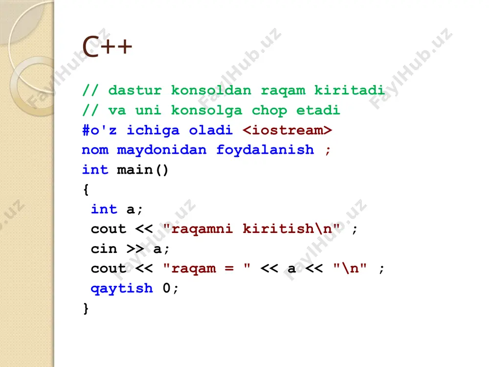 ogohlantiradi. misol: int a; float b; ... a=b; // kompilyator ogohlantirish beradi! a=floor(b) // endi ogohlantirish yo'q! c++ operator-ifoda ifoda ; vaziyat sinovi operatori if ( ifoda ) bayonot1 ; [ else operator2 ; ] almashtirish bayonoti switch ( butun son ifodasi ){ hol doimiy_ifoda_1 : operatorlar_1 ; [ holat doimiy_ifoda_2 : operatorlar 2 ; ] ... [ standart : operatorlar ; ] } switch # o'z ichiga nom maydonidan foydalanish ; int asosiy() { int a, b, res; char op; cout > a; cout > op; cout > b; bool f = rost ; almashtirish (op) { '+' holati : res = a + b; sindirish ; '-' holi : res = a - b; sindirish ; '*' holi : res = a * b; sindirish ; '/' holi : res = a / b; sindirish ; standart : cout << "\nnoma'lum operatsiya " ; f = noto'g'ri; } …