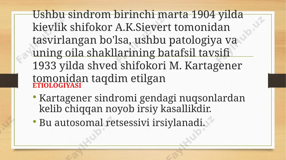 g'i va jins bilan bilan bog'liq muammolar bo'lishi mumkin. kechishi dnai1 geni motor siliyaning ichki tuzilishini tashkil etuvchi oqsilni kodlaydi. birlamchi siliyer diskineziya noto'g'ri ishlaydigan yoki umaman vazifa bajara olmaydigan siliyalarga asoslangan. kipriklarning harakatini muvofiqlashtirish ko'plab organlar va to'qimalarning normal ishlashi uchun zarurdir. cilia harakati ham embrion rivojlanishida o'ng-chap o'qni o'rnatishga yordam beradi. kasallikning dastlabki belgilari yangi tug'ilgan chaqaloqlarda paydo bo'ladi va nafas olish qiyinlishuvi sindromi, surunkali rinit va taxipnea sifatida namoyon bo'ladi. bemorlarda yuqori va pastki nafas yo'llarining nafas olish kipriklari shikastlanishi tufayli shilliq qavatining tozalanishi buzilganligi sababli takrorlanuvchi respiratorli infektsiyalar mavjud. burun va sinus tiqilishi erta yoshda paydo bo'ladi va hayot davomida davom etadi. juda yosh bolalarda kuzatilgan surunkali/takroriy quloq infektsiyalari doimiy eshitish qobiliyatini yo'qotishiga olib kelishi mumkin. bemorlarda shuningdek, gidrosefali, retinal degeneratsiya va aqliy zaiflik ham uchraydi. tug'ma yurak kasalligi: yurakning joylashishidagi anomaliya asosiy, o'ng qo'lning o'rta pozitsiyasi ichki organlarning normal joylashishi bilan yurak. katta tomirlarning to'g'rilangan …