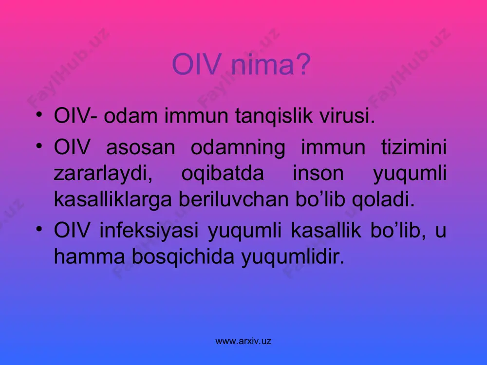 n bolalar tashkil etadi. har yili 2 mln nafar inson u bilan bog’liq asoratlardan vafot etmoqda. 2009 yil 31 dekabrdagi so’nggi rasmiy ma’lumotlarga ko’ra har 100 ming aholidan - rossiya federatsiyasida 250.6, ukrainada – 161.0, belarusda – 79.5, qozog’istonda – 20.8, tojikistonda – 7.2 nafari oiv bilan kasallangan. www.arxiv.uz www.arxiv.uz oits kasalligining o`zbekistondagi ahvoli. o`zbekiston respublikasida oits epidemiyasi 1987 yildan boshlangan. 1987 yildan 01.11.2003 yilga qadar respublikamizda 3531 nafar oiv virusi yuqqan shaxslar ro`yxatga olingan. oiv bilan ro`yxatga olingan shaxslarning 60 nafarini chet el fuqarolari tashkil etadi. respublikada jami qayd etilgan 3531 nafar oiv yuqqan shasxlarning 11 nafari 15 yoshgacha bo`lgan bolalardir, 2916 nafari erkaklar va 615 nafarini ayollar tashkil etadi. www.arxiv.uz www.arxiv.uz * oiv bilan ro`yxatga olingan shaxslarning 473 nafariga kasallik jinsiy yo`l bilan, 1960 nafariga qon orqali,1098 nafariga noaniq yo`l (qaysi yo`l bilan yuqqanligi tekshirilmoqda) bilan yuqqan. respublikamizda oits kasalligi natijasida vafot etganlar soni 101 nafarni tashkil etadi. …