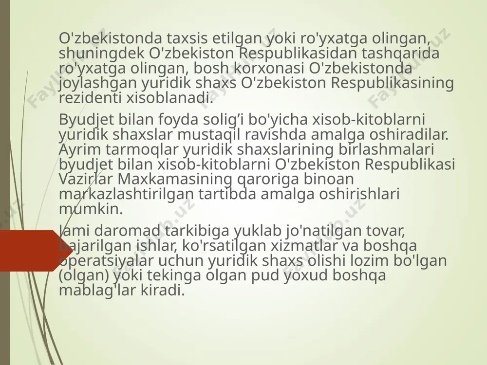 uchun tegishli bank muassasalariga to'lov topshiriqnomasini topshirishlari shart. ko'rsatilgan to'lov topshiriqnomalarini bank muassasalari ijro etishga (to'lashga), xisob-kitob (joriy) varag'ining xolatidan qatxi nazar, qabul qiladilar. foyda solig’ini to'lov manbasida ushlab qolishni quyidagi yuridik shaxslar amalga oshirishi shart: rezident xisoblangan yuridik shaxslarga dividendlar va foizlar to'laydigan; norezident yuridik shaxslarga o'zbekiston respublikasi soliq kodeksining 30-moddasiga muvofiq to'lovlarni amalga oshiradigan. foyda solig’ini ushlab qolish va byudjetga o'tkazish uchun daromad to'lovchi yuridik shaxs javobgardir. soliq summasi ushlab qolinmaganda daromad to'lovchi yuridik shaxs ushlab qolinmagan soliq summasini hamda u bilan bog'liq jarima va penyalarni byudjetga to'lashi shart. yuridik shaxslarning foyda solig’ini to'lovchilar o'zbekiston respublikasining amaldagi qonun hujjatlariga muvofiq javobgar bo'ladilar. adabiyotlar: o‘zbekiston respublikasining soliq kodeksi. qonunchilik palatasi tomonidan 2007 yil 23 noyabrda qabul qilingan. senat tomonidan 2007 yil 30 noyabrda ma’qullangan. 2007 yil 25 dekabrdagi o’zbekiston respublikasining qonuni № – 136. o‘zbekiston respublikasi prezidentining 2007yil 12 dekabrdagi “o‘zbekiston respublikasining 2008 yilgi asosiy makroiqtisodiy ko‘rsatkichlari prognozi va …