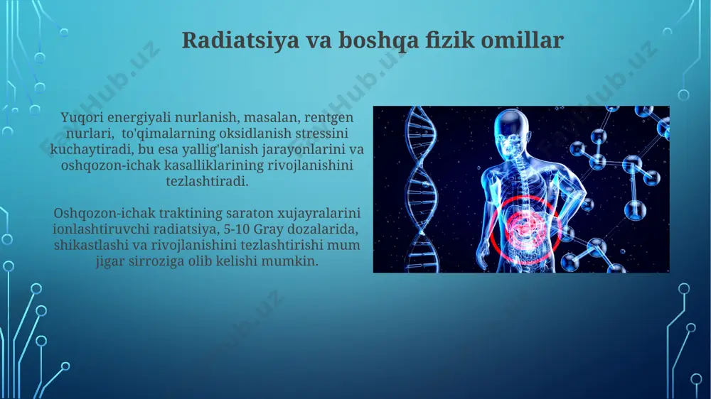 tasining tarkibini o'zgartirib, 50% gacha disbioz holatini keltirib chiqarishi va jigar sirroziga olib kelishi mumkin. havo ifloslanishi va uning ta'siri havoning ifloslanishi, ayniqsa, mayda chang zarrachalari (pm2.5), oshqozon-ichak traktining shikastlanishiga olib keladi, bu esa oshqozon yarasi va o'n ikki barmoqli ichak yarasi xavfini 30% ga oshiradi. havoning ifloslanishi oshqozon-ichak kasalliklarining 20% ga yaqinini keltirib chiqarishi mumkin, bu esa o'tkir va surunkali yallig'lanish jarayonlariga olib keladi. ijtimoiy-iqtisodiy sharoitlar kam ta'minlangan oilalarda bolalarda oshqozon-ichak kasalliklari 15% ga ko'proq uchraydi, bu esa to'g'ri ovqatlanishning etishmasligi bilan bog'liq. past daromadli hududlarda jigar sirrozi bilan kasallanish darajasi 5% yuqori bo'lib, bu salbiy ekologik omillar va chekish kabi omillar bilan bog'liq. oziq-ovqat mahsulotlari va ovqatlanishning roli yuqori glyukemik indeksli mahsulotlarning muntazam iste'moli (non mahsulotlari, shirinliklar) insulin qarshiligiga va qonda shakar miqdorining oshishiga olib keladi, bu esa jigar sirroziga va oshqozon-ichak kasalliklariga olib kelishi mumkin. oziq-ovqat mahsulotlarining 70% gacha miqdori qayta ishlangan va yuqori darajada qayta ishlangan …