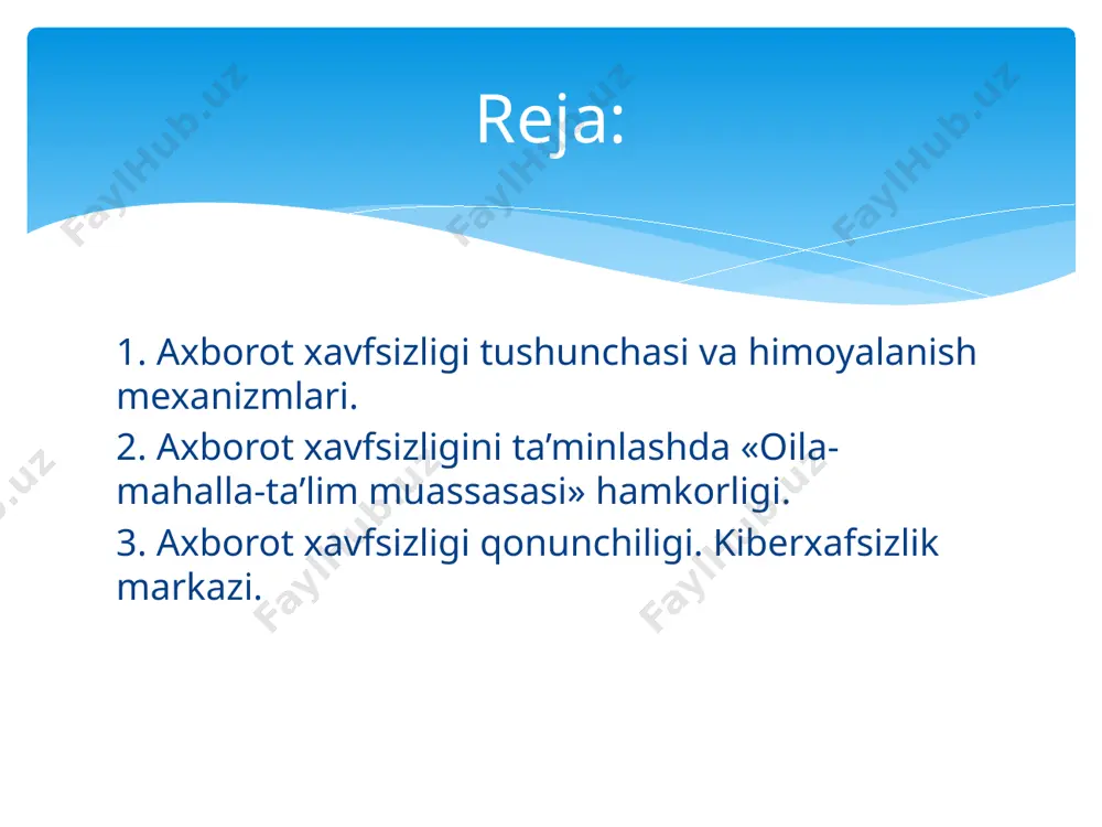 iyatni rivojlantirish mumkin. kiber jinoyatlar haqida tushuntirish ishlari olib borish ta'lim muassasalari maktab va oliy o'quv yurtlarida axborot xavfsizligi bo'yicha maxsus fanlar kiritilishi lozim. o'quvchilar va talabalar axborot bilan ishlash madaniyatiga o'rgatiladi. uchtomonlama hamkorlik oila, mahalla va ta'lim muassasalari hamkorlikda har bir fuqaroda axborotga mas'uliyatli munosabat shakllanishiga yordam beradi. 3. axborot xavfsizligi qonunchiligi. kiberxafsizlik markazi. asosiy qonunlar: 1. "axborotlashtirish to‘g‘risida" qonun (2003-yil): axborot resurslarini yaratish, saqlash va ulardan foydalanish tartibini belgilaydi. 2. "elektron hukumat to‘g‘risida" qonun (2015-yil): davlat xizmatlarining raqamlashtirilishi va axborot xavfsizligi kafolatlari. 3. "shaxsiy ma'lumotlar to‘g‘risida" qonun (2019-yil): fuqarolarning shaxsiy ma'lumotlarini himoya qilishga qaratilgan. 4. "kiberxavfsizlik to‘g‘risida" qonun loyihasi: milliy kiberxavfsizlik strategiyasini shakllantirishga qaratilgan. kiberxavfsizlik markazi (cert uzbekistan) 2018-yilda tashkil etilgan. kiberxavf-xatarlarni aniqlash, oldini olish va ularni bartaraf etish vazifalarini bajaradi. axborot tizimlarini auditdan o‘tkazish, kiberhujumlarga qarshi choralar ko‘rish, davlat organlariga yordam berish. strategik ahamiyati axborot xavfsizligi milliy xavfsizlikning ajralmas qismiga aylangan. davlat siyosatining ustuvor yo‘nalishlaridan biri sifatida …