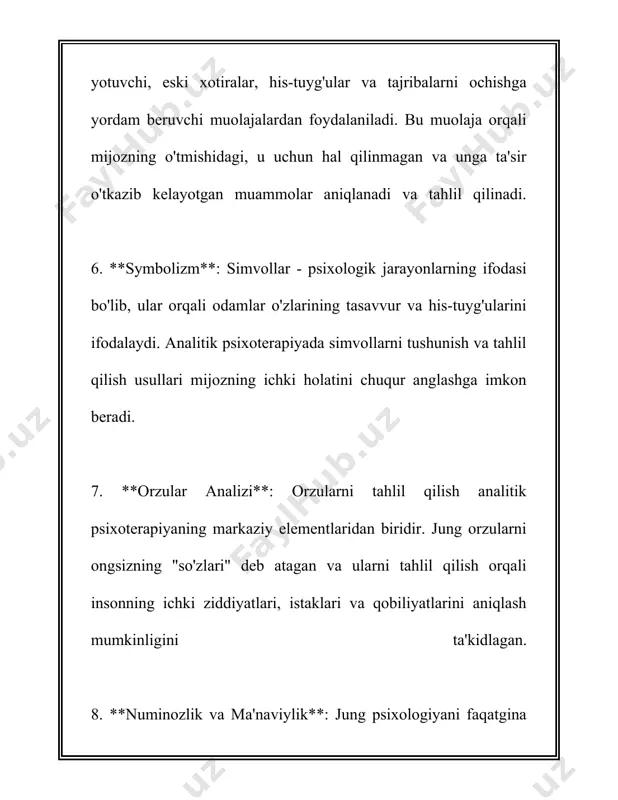 psixoterapevtlar ushbu jarayonlarni yoritish uchun turli metodlardan foydalanadi, jumladan: 1. **tushni tahlil qilish**: freud tushlar orqali ong osti jarayonlarini o'rganish mumkinligini ta'kidlagan. u tushlarni "ong ostining qirol yo'li" deb atagan. psixoterapevtlar tushlarni tahlil qilib, ulardagi simvolik ma'nolarni ochish orqali klinentning ong osti jarayonlarini ochishga harakat qilishadi. 2. **assotsiativ texnikalar**: ozod assotsiatsiya metodi orqali klienntga bir qator so'zlar yoki obrazlarni taqdim etib, ulardan kelib chiqadigan birinchi fikrlarni aytish so'raladi. ushbu jarayonda aniqlangan assotsiatsiyalar orqali ong osti jarayonlari haqida ma'lumot olish mumkin. 3. **hissiy yordamlashmalar**: ba'zi psixoterapevtlar hissiyotlarni ifoda qilish va ulardagi yuzaki sabablarni aniqlash uchun turli texnikalardan foydalanadi. ong ostidagi hissiyotlar ko'pincha shaxsiy muammolarga yoki ichki nizolarga olib kelishi mumkin. statistik ma'lumotlarga ko'ra, psixoterapevtik jarayonlarning qariyb 70% foydalanuvchilarida sezilarli ijobiy o'zgarishlar kuzatilgan. aynan psixoanalitik uslub bilan davolanganda esa, ko'plab odamlar o'z ichki mojarolarini anglab, ularni yanada samarali boshqarishni o'rganishda muvaffaqiyat qozonishadi. shuningdek, psixoanalizning yana bir muhim jihati shundaki, bu jarayon ko'pincha …