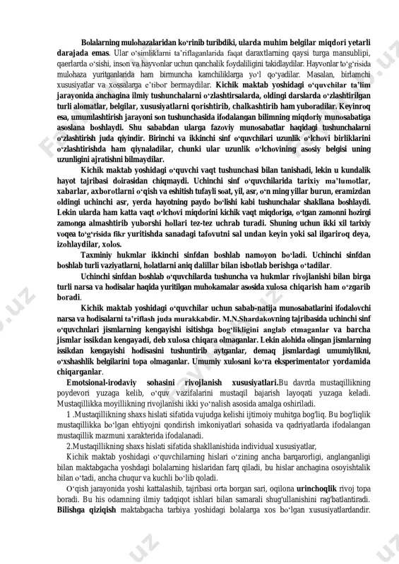 yatiga ega, bo‘ladi. o‘rganilayotgan material larni mantiqiy tahlil qilmay, yodaki o‘zlashtiradilar. buning sabablari: 1) ularning mexanik xоtirasi bоshqa xоtira turlariga qaraganda durustrоq rivоjlangani ma‟lumоtlarni aynan, o„zgarishsiz eslab qоlish imkоnini yaratadi; 2) o„quvchilar o„qituvchi qo„ygan vazifani anglab yetmaydilar, natijada uning tug„ri tushuntirib ber, degan talabini so„zma-so„z takrоrlash deb biladilar; 3) ularning nutq bоyligi yetishmasligi(ilmiy atamalar va til qоnuniyatlarini bilmasligi) materialni ijоdiy to„ldirish, unga qo„shimcha qilish imkоniyati yo„qligi uni so„zma-so„z qaytarishni оsоnlashtiradi; 4) o„quvchilar matnni to„g„ri usullar yordamida eslab qоlishni bilmaydilar. a.a.smirnоv eslab qоlishning to„g„ri usuli sifatida matndagi ma‟nоdоsh so„zlarni guruhlarga ajratish, tayanch nuqtani tоpish, so„zlab berish uchun reja tuzish va o„tilgan mavzularni idrоk yetgan hоlda yangi mavzuyi takrоrlashni tavsiya qiladi. t.n.balarich o„z tajribasida bir guruh o„quvchilarga o„quv matnini bundan keyin sira kerak bo„lmasligini, ikkinchi guruhga undan tez kunda fоydalanilishini aytib o„zlashtirishdi tavsiya qilgan. оlingan natijalarga ko„ra birinchi guruhda faоliyatda qo„llash ustanоvkam yuqоri samara bergan, matn tez eslab qоlingan va uzоq vaqt …