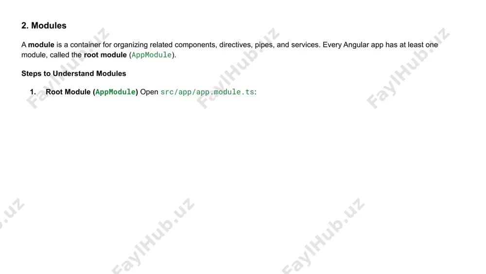 mponent here ], imports: [browsermodule], providers: [], bootstrap: [appcomponent] }) export class appmodule { } use the component in a template add the component’s selector (defined in my-component.component.ts) to another template, such as app.component.html: welcome to the app step 2: component lifecycle hooks what are lifecycle hooks? angular components have a lifecycle managed by angular itself. lifecycle hooks allow you to tap into key moments in a component’s life, such as initialization, rendering, and destruction. common lifecycle hooks ngoninit called once after the component is initialized. use it to fetch data or perform setup logic. import { component, oninit } from '@angular/core'; @component({ selector: 'app-my-component', template: ` {{ message }} ` }) export class mycomponent implements oninit { message: string; ngoninit() { this.message = 'component initialized!';} } ngondestroy called just before the component is destroyed. use it to clean up resources (e.g., unsubscribe from observables). import { component, ondestroy } …