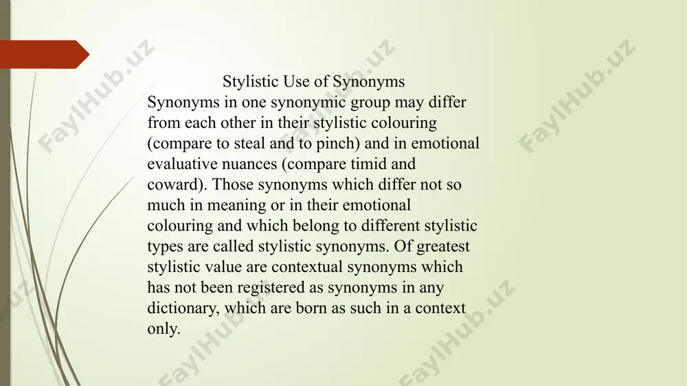 he same as the words stories, legends, narrations, sagas, tales, etc. being non synonyms, if regarded as literary terms, turn into such in a special text. the use of synonyms is recommended to create a better style of writing but only within those functional styles which show a definite imaginative character of the author. fiction, publicistic style, partially newspaper style, but not scientific or style of the official documents. the english language is especially rich in synonyms. the ability of the writer or speaker to pick out the appropriate word from a series of synonyms gives him a possibility to express his ideas with the utmost precision and emotionally adequately. what is a stylistic device in literature? stylistic devices refer to any of a variety of techniques to give an additional and/or supplemental meaning, idea, or feeling. also known as figures of speech or rhetorical devices, the goal of these …
