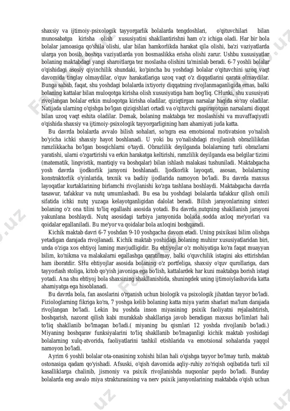 gazmali-harakatli va ko'rgazmali-obrazli tafakkur nafaqat 6-7 yoshli bolalar, balki kichik maktab yoshidagi o'quvchilarning ham aqliy rivojlanishida asosiy vazifani bajaradi. 3.harakat tayyorgarligi. - mayda motorika; - kattaharakatlarniamalgaoshirish(qo'l, oyoq, tana) 4. o'quv faoliyatiga tayyorgarlik: -kattalarni diqqat bilan eshita olish va uning ko'rsatmalarini aniq bajarish. - topshiriqni mustaqbl bajarish; - chalg'ituvchi omillarga e'tibor bermasdan topshiriqni bajarishga kirishish. bola avvalo maktabga jismoniy jihatdan tayyor bo'lishi kerak. 6 yoshli bolalarning anatomik- fiziologik rivojlanishi o'ziga xos tarzda kechadi. bu yoshda bola organizmi jadal rivojlanadi. uning og'irligi oyiga 150 dan 200 gacha, bo'yi esa 0,5 sm gacha ko'payadi. 6 yoshli bolalar turli tezliklarda, tez va yengil yugura oladilar. ular sakrash, kon'kida yugurish, chang'ida uchish, suzish singari harakatlarni ham bemalol bajarishlari mumkin. musiqa bo'yicha mashg'ulotlarda esa xilma-xil ritmik va plastik harakatlarni bajaradilar, turli mashqlarai aniq, tez, yengil va chaqqon bajara oladilar. 6-7 yoshli bolalar nerv sistemasini mustahkamlash, ularni surunkali kasalliklardan xalos etish, ko'rish va eshitish qobiliyatiga alohida e'tibor …