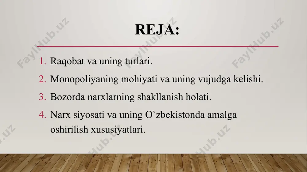 ir xil. xaridor tovarni kim ishlab chiqarganini tan olish qobiliyatiga ega emas 2. ko'p sonli iqtisodiy agentlarning (sotuvchilar va xaridorlarning) mavjudligi. 5. sotuvchilar va xaridorlarning hech biri bozor narxiga ta'sir o'tkaza olmaydi, chunki har bir firmaning sanoat bozoridagi ulushi unchalik katta emas 3. bozorga erkin kirish va undan chiqish, ya'ni hech qanday to'siqning yo'qligi 4. sotuvchilar va xaridorlarning tovar va narxlar to'g'risida mukammal ma'lumotga ega bo'lishi, ya'ni bozor ishtirokchilari bozorning barcha parametrlarini mukammal bilishadi, chunki axborot bir zumda tarqatiladi. mukammal raqobatning afzalliklarini ta'kidlaymiz: 1) mukammal raqobat firmalarni eng past o'rtacha xarajat bilan mahsulot ishlab chiqarishga va uni shu tannarxga mos keladigan narxda sotishga majbur qiladi. 2) mukammal raqobat cheklangan resurslarni ehtiyojlarni maksimal darajada qondirishga erishadigan tarzda taqsimlashga yordam beradi. mukammal raqobatning kamchiliklari quyidagilardan iborat: 1) mukammal raqobat, iste'molchilarga qoniqish keltirsada, lekin har bir iste'molchiga alohida (bo'lak bo'lib) aniq bo'linishi, baholanishi va sotishi mumkin bo'lmagan jamoat tovarlarini ishlab chiqarishni ta'minlamaydi. 2) …
