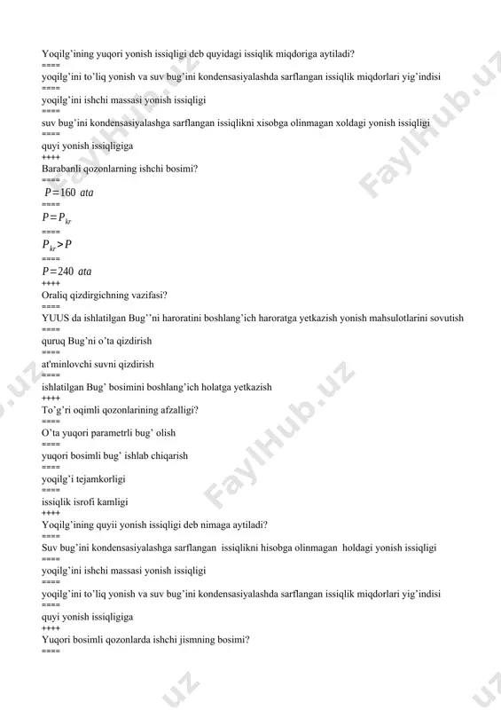 tushadigan yoqilg’ ==== tashqi ballasti a,w chiqarilgan yoqilg’i ++++ yoqilg’ining yonuvchi massasi deb nimaga aytiladi? ==== agar yoqilg’idan tashqi ballast a,w,chiqarilsa qolgan massa. ==== yoqilg’i namligi to’liq chiqarilgandagi qolgan massa. ==== labaratoriyada tashqi namligi olingan yoqilg’i. ==== namligi olingan yoqilg’i. ++++ yoqilg’ining yonish issiqligi deb nimaga aytiladi? ==== 1mj/kg yoki 1mj/m3 yoqilg’i to’liq yonganda ajralib chiqqan issiqlik miqdoriga. ==== yoqilg’ini to’liq yonish va suv bug’ini kondensasiyalashda sarflangan issiqlik miqdorlari yigindisi ==== yoqilg’ini ishchi massasi yonish issiqligi ==== quyi yonish issiqligiga ++++ yoqilg’i tarkibidagi h vodorodning yonish issiqligi nechaga teng? ==== q=120,5 mj/kg ==== q=120,3 mj/kg ==== q=120,6 mj/kg ==== q=120,2 mj/kg ++++ yoqilg’i tarkibidagi c uglerodning yonish issiqligi nechaga teng? ==== q=34,1 mj/kg ==== q=35,0 mj/kg ==== q=34,5 mj/kg ==== q=34,2 mj/kg ++++ yoqilg’i tarkibidagi s oltingugurtning yonish issiqligi nechaga teng? ==== q=9,3 mj/kg ==== q=9,2 mj/kg ==== q=9,5 mj/kg ==== q=9,1 mj/kg ++++ yoqilg’i tarkibida h vodorod necha foizni …