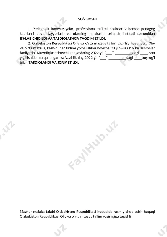 bajarilishi nazoratini belgilaydi. malaka talabi ta’lim oluvchilarning kasbiy tayyorgarligi sifati va kasbiy kompetensiyasini baholashda hamda ta’lim muassasalarini attestatsiyadan o‘tkazishda asosiy mezon hisoblanadi. mazkur talablarning bajarilishi professional ta’lim muassasalarining bitiruvchilariga professional ta’limning tegishli darajasini olganligi to‘g‘risida davlat namunasidagi hujjat berilishi uchun asos hisoblanadi. malaka talabi ta’limni boshqarish davlat organlari va ta’lim faoliyati sub’ektlari tomonidan, idoraviy bo‘ysunuvi va mulkchilik shakllaridan qat’iy nazar, tadbiq etilishi majburiydir. ushbu malaka talabi uy-joy va kommunal xo‘jaligi mutaxassiligi (f. 011. 089. 0434/б-20), kasblarining tasdiqlangan kasbiy standart talablari asosida ishlab chiqildi. 2. kasbiy ta’lim xususiyati 2.1. 41010201. uy-joy va kommunal xo‘jaligi servisi ­mutaxassiligi doirasida beriladigan kvalifikatsiya: 1. uy-joy va kommunal xo‘jaligi mutaxassisi kamida umumiy o‘rta ma’lumotga ega bo‘lgan shaxslar hisobidan shakllantirilgan guruhlarda tanlangan kvalifikatsiyalar sonidan kelib chiqib o‘qish muddati belgilanadi. bu guruhlarda kasb doirasida beriladigan kvalifikatsiyalardan birortasini muvaffaqqiyatli o‘zlashtirgan shaxslarga belgilangan namunadagi diplom beriladi va mehnat bozorida ishlash huquqi beriladi. egallanmagan kvalifikatsiyalarni qayta o‘zlashtirishga ruhsat beriladi va mazkur …