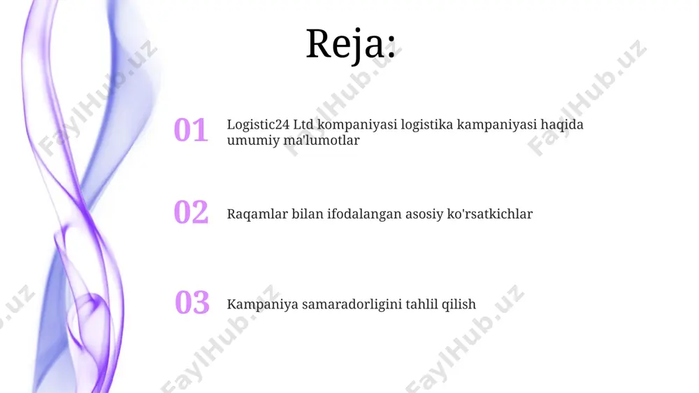 i. logistik xarajatlari logistik xarajatlarning 30%i transport xizmatlariga, 25%i omborxona xizmatlariga, qolgan 45% esa boshqa qo'shimcha xarajatlarga, jumladan, sug'urtalash va qadoqlashga sarflangan. 2023 yilning birinchi choragida logistik xarajatlar o'tgan yilning shu davriga nisbatan 10% ga oshgan bo'lib, bu inflyasiya va yoqilg'i narxining oshishi bilan bog'liq. mijozlar sonini tahlil qilish yangi mijozlarning 40% i raqamli marketing kanallari orqali jalb qilingan bo'lib, bu onlayn marketing kampaniyalarining muvaffaqiyatini tasdiqlaydi. mijozlar soni o'tgan yilga nisbatan 15% ga o'sdi, bu 2500 dan 2875 tagacha o'sishni bildiradi, bu kompaniyaning marketing strategiyasining samaradorligini ko'rsatadi. yetkazib berish hajmi yetkazib berishning 98% muvaffaqiyatli amalga oshirildi, bu esa yuqori ishonchlilik va samaradorlikni namoyish etadi. o'rtacha yetkazib berish muddati 2,5 kunni tashkil etdi, bu esa soha standartlaridan ancha yuqori tezlikni aks ettiradi. vaqt samaradorligi logistic24 ltd "vaqt samaradorligi" kampaniyasi natijasida mijozlarning 85% i yetkazib berish tezligi bilan qoniqishini bildirgan va bu ko'rsatkich avvalgidan 20 foizga yuqori. "vaqt samaradorligi" bo'yicha o'tkazilgan tadqiqotlar …