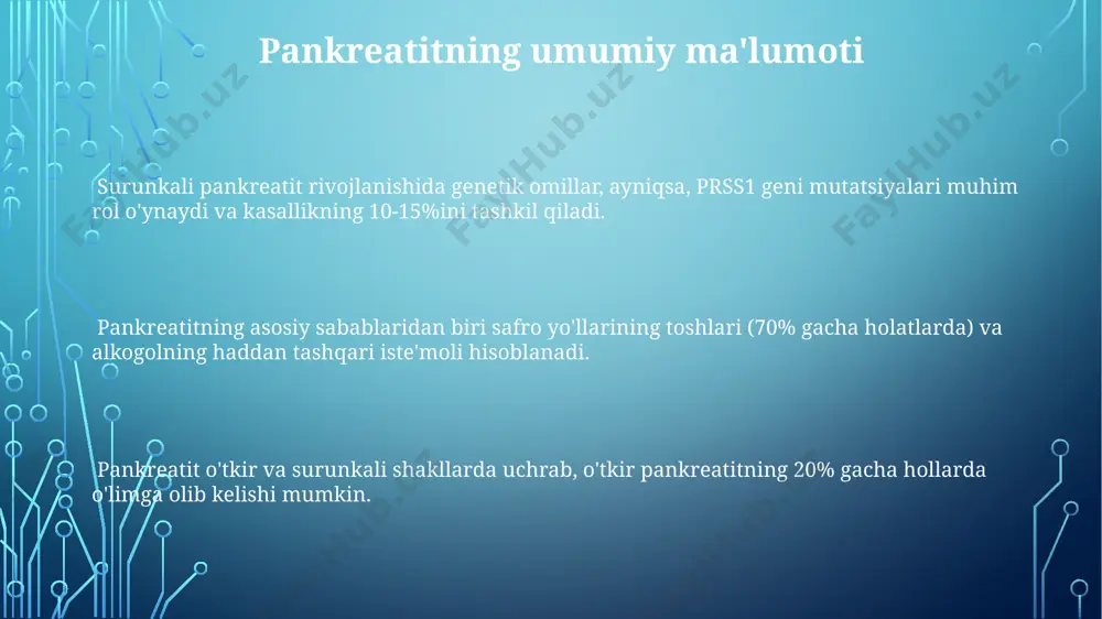 anatini tiklash muhim konservativ choralar hisoblanadi. fermentlarning faolligini pasaytirish va oshqozon osti bezining sekretsiyasini kamaytirish uchun oktreotid kabi somatostatin analoglari qo'llaniladi; dozasi bemorning holatiga qarab farq qiladi. antibiotiklarni qo'llash antibiotiklar og'ir, nekrotik pankreatitda, infektsiyaning klinik belgilarini ko'rsatgan 20% dan ortiq bemorlarda qo'llaniladi, bu esa o'lim xavfini kamaytiradi. imipenem/silastatin yoki meropenem kabi keng spektrli antibiotiklar, ko'pincha 7-14 kun davomida qo'llaniladi, ammo davolanish muddati infektsiyaning og'irligiga bog'liq. antibiotiklarni profilaktik qo'llash samaradorligi aniq emas, shuning uchun ular faqat infektsiyaning aniq belgilarida buyuriladi, bu esa antibiotiklarga chidamlilikni kamaytiradi. og'riqni boshqarish pankreatitdagi og'riqni boshqarishda neyroksik blokadalar, jumladan selegilin kabi selektiv monoamin oksidaz inhibitörleri (maoi) qo'llanishi og'riq intensivligini sezilarli darajada pasaytirishi mumkin. o'tkir pankreatitda og'riqni boshqarish uchun 60-100 mg meperidin yoki 5-10 mg morfin kabi opioid analjeziklar qo'llanilishi mumkin, ammo ularning yon ta'siri hisobga olinishi kerak. og'riqni kamaytirish uchun nsaidlar (masalan, ibuprofen 400-600 mg har 6-8 soatda) ehtiyotkorlik bilan qo'llanilishi mumkin, chunki ular oshqozon-ichak traktiga salbiy …