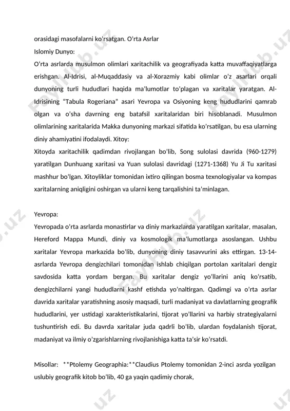 iqtisodiy xaritalar turli iqtisodiy faoliyatlarni ko’rsatadi. ular savdo yo’llari, sanoat zonalari, qishloq xo’jaligi hududlari va boshqa iqtisodiy obyektlarni aks ettiradi. · **sanoat xaritalari:** sanoat korxonalari va ularning joylashuvini ko’rsatadi. · **qishloq xo’jaligi xaritalari:** qishloq xo’jaligi mahsulotlarini yetishtirish hududlarini tasvirlaydi. · **savdo xaritalari:** savdo yo’llari va savdo markazlarini ko’rsatadi. 4. iqlim xaritalari iqlim xaritalari turli hududlarning iqlim sharoitlarini aks ettiradi. bu xaritalar harorat, yog’ingarchilik, shamol yo’nalishlari va boshqa iqlim o’zgarishlarini ko’rsatadi. harorat xaritalari:** turli hududlardagi o’rtacha haroratlarni ko’rsatadi. · **yog’ingarchilik xaritalari:** yillik yog’ingarchilik miqdorini tasvirlaydi. · **klimatik zonalar xaritalari:** turli iqlim zonalarini ko’rsatadi, masalan, tropik, subtropik, mo’tadil va qutbiy zonalar. 5. tematik xaritalar tematik xaritalar ma’lum bir mavzu yoki hodisani aks ettiradi. bu xaritalar turli maqsadlar uchun yaratilgan va ko’pincha ilmiy tadqiqotlar uchun ishlatiladi. · **aholi zichligi xaritalari:** aholi sonini va uning zichligini tasvirlaydi. · **sog’liqni saqlash xaritalari:** turli kasalliklarning tarqalishini ko’rsatadi. · **transport xaritalari:** transport yo’llari va infratuzilmasini aks ettiradi. …
