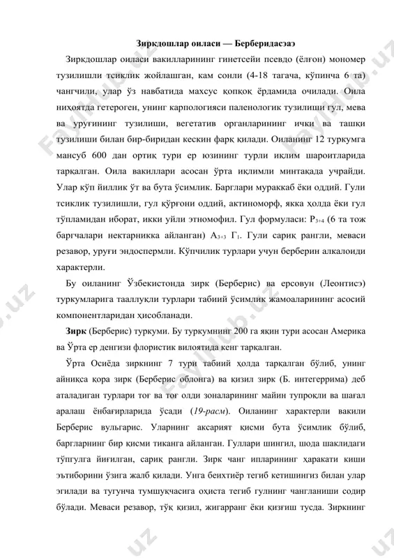 ки қизғиш тусда. зиркнинг меваси озиқ-овқат сифатида, бўёқбоп ва ошловчи ўсимлик сифатида ишлатилади. кўкноргуллилар қабиласи — папавералес қабилага мансуб ўсимликларнинг аксарият қисми бир ва кўп йиллик табиий ўсимлик жамоаларининг компонентлари. уларнинг барги навбатлашиб ёки қисман қарама-қарши жойлашган, ён баргсиз. гули якка ёки гул тўпламларидан ўрин олган, икки жинсли, актиноморф ёки айрим ҳолларда зигоморф, қўш жинсли гул қўрғонида косача барглари 2 та, айрим ҳолларда 3-4 тадан, кўпинча ўсимликнинг гуллаш жараёнида тўкилувчан, тож барглари 4 та, айрим ҳолларда 6 та ёки 8-12 тадан, икки қатор давра ҳосил қилган ҳолда жойлашган, чангчилари чексиз ёки 6-12 тадан, эркин ёки дастага бирлашган. гинетсейи парокарп, ёндош (бир неча мева баргнинг бирлашишидан иборат) 2 ёки 3-20 хонали. тугунчаси остки ёки айрим ҳолларда ярим остки. меваси кўсакча. уруғи майда эндоспермли. қабилага кўкнордошлар (папавераcэаэ), хипекоумдошлар — (нуресоасеаэ), шотарадошлар (фумариаcэаэ) оилалари мансуб. кўпчилик ўқув қўлланмалари ва аниқлагичларда кўкнордошлар ва шотарадошлар оилалари битта кўкнордошлар оиласига бирлаштирилган. кўкнордошлар оиласи — папавераcэаэ оиланинг …