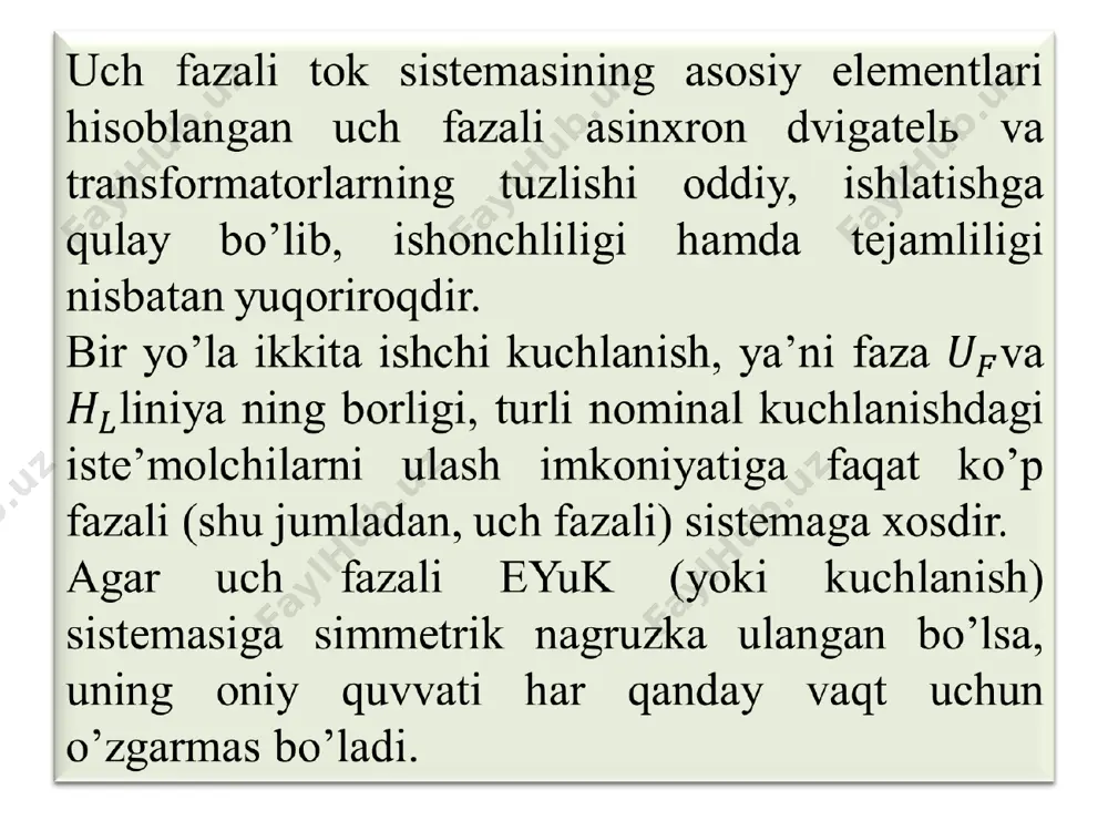 nishlarining vektorlari farq bilan chiziladi. soʼngra faza toklari kuchlanishlarga nisbatan kechikuvchi burchaklar ostida chizilib, tok ning qiymati (3) ifodaga binoan aniqlanadi. toʼrt simli sistemada uch fazali zanjirning har bir fazasi zanjirning har bir fazasi mustaqil zanjir hisoblanadi. faza qarshiliklarining qiymatidan qatʼi nazar uchala faza kuchlanishi oʼzaro teng, yaʼni biron fazadagi qarshilikning oʼzgarishi shu fazada va nolinchi simdagi tokning oʼzgarishiga sabab boʼladi. аgar nosimmetrik nagruzkada nolinchi sim uzilsa, nagruzkasi kichikroq fazaning kuchlanishi nominaldan ortib ketib, shu fazadagi qarshilik qiziydi yoki kuyib ketadi. nagruzkasi kattaroq fazaning kuchlanishi esa nominaldan kamayib tarmoqdan kamroq quvvat oladi. shuning uchun nosimmetrik nagruzkada faza kuchlanishlarining simmetriyasini saqlash maqsadida nolinchi simga saqlagich qoʼyilmaydi. uch fazali notekis nagruzkaga, asosan, elektr yoritish asboblari va maishiy isteʼmolchilar kiradi. faza va liniya kuchlanishlari orasidagi nisbat. аgar 2-rasmdagi sxemada zanjirni aylanib chiqishda yoʼnalishni dan ga va dan ga va nixoyat dan ga qarab olinsa, u holda liniya kuchlanishlari faza kuchlanishlarining geometrik ayirmasiga teng …