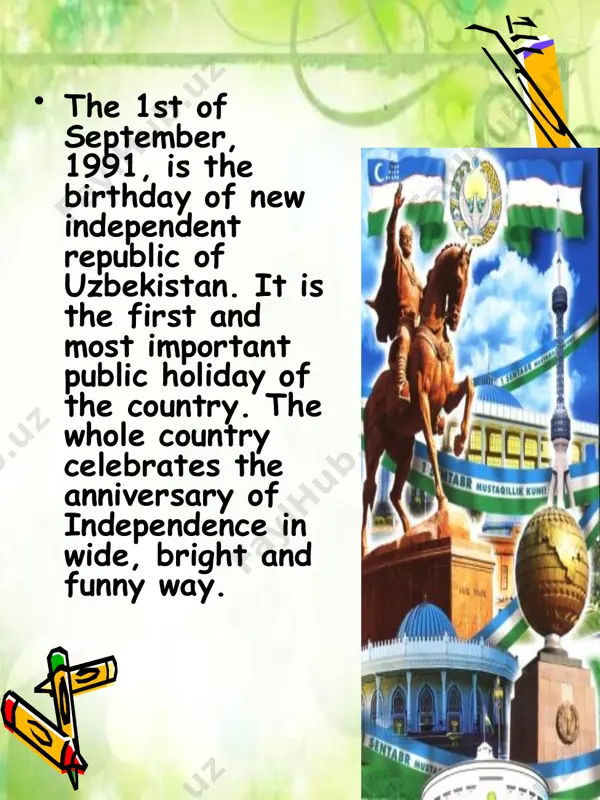 ancestors is with you! when the great power of the people raged, (you did) have charmed the world! the faith of an open-hearted uzbek does not die out, the young free generation is a strong wing for you! beacon of independence, guardian of peace, lover of truth, motherland, flourish forever! these golden valleys – dear uzbekistan, the courageous spirit of your ancestors is with you! when the great power of the people raged, (you did) have charmed the world! the flag of uzbekistan was approved at the eighth extraordinary session of the supreme council of the republic of uzbekistan, on november 18, 1991. the state flag of the republic of uzbekistan was approved at the eighth extraordinary session of the supreme council of the republic of uzbekistan, on november 18, 1991. the state flag and its symbols portray the historical links with states which have existed in the past within …