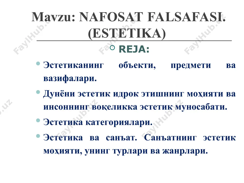 tirishdagi ahamiyatini tadqiq etsa, uni insonni “tabiiylashtirish” vositasi sifatida olib qarasa, texnika estetikasi, aksincha, bugungi kunda bizga eng yaqin bo’lgan noosferani – texnikaviy muhitni muntazam “insoniylashtirib” borish muammolarini o’rganadi. inson doimiy ravishda ravnaq topib boradigan mavjudot, uzoq davom etgan insoniy taraqqiyotning mahsuli, ya’ni tosh asridagi va hozirgi odam, garchand ikkalasi ham odam deb atasakda, bir-biridan farq qiladi. zamonaviy odam aqlan, axloqan nisbatan yuksak darajaga ko’tarilgan, jismonan esa – go’zallashgan. texnikani ana shu go’zallashgan inson yaratgan. shu o’rinda imom g`azzoliyning inson va uning ijodiga nisbatan aytgan: “yaratilgan yaratganiga o’xshaydi”, degan so’zlarini yana bir bor eslaylik. alloh insonni yaratib, uni o’ziga o’xshashini istasa, inson ham o’z ijodi mahsulining o’ziga o’xshash bo’lishini xohlaydi. texnika inson ijodining mahsuli sifatida inson qanchalik nozik, qanchalik aqlli, qanchalik go’zal bo’lsa, shunga qarab o’zgarib boradi. estetika fanining zamonaviy muammolari estetik dunyqarashga salbiy ta`sir ko`rsatuvchi omillar estetik tarbiyaning omillari: oila. mahalla. maktabgacha ta`lim muassasalari. o`rta maxsus kasb hunar ta`limi …