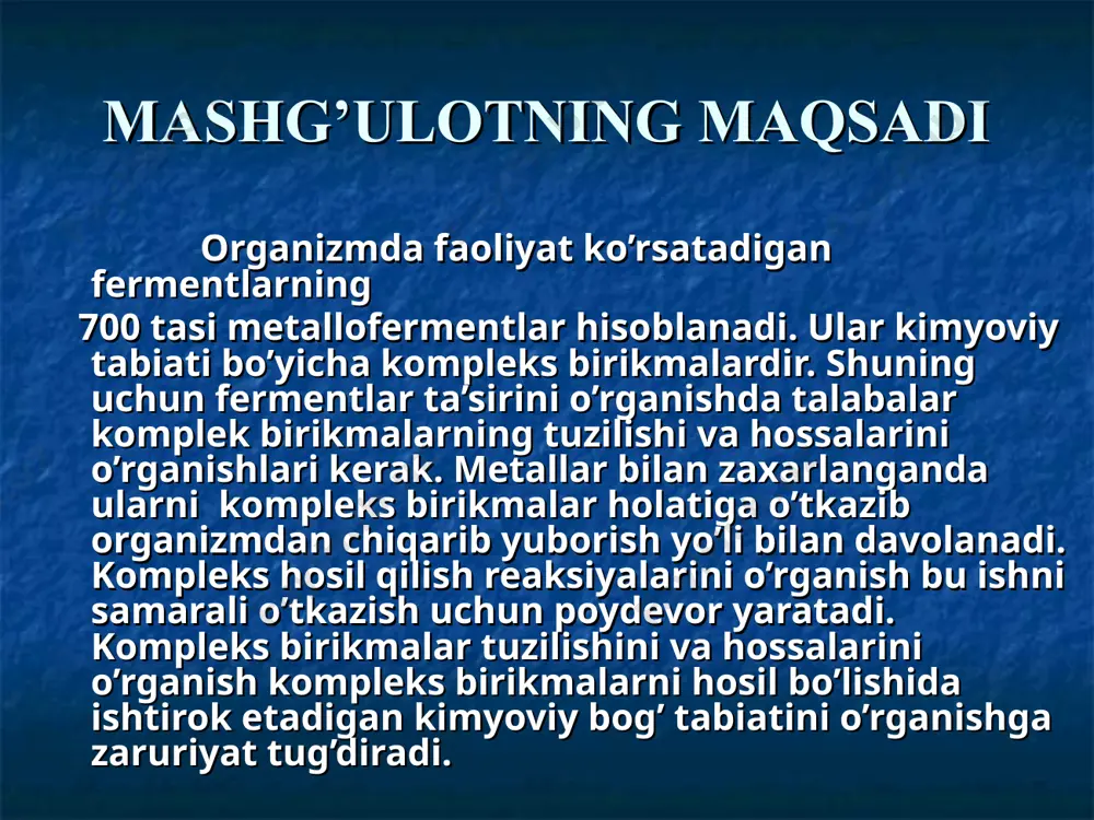 arida ligandlar almashinuvi reaksiyasi) beqarorlik konstantasi kbeq bilan ta’riflanadi. * [ag(nh3)2]+ [ag(nh3)]+ + nh3 [ag(nh3)]+ ag+ + nh3 [ag+] [nh3]2 kbeq = = 9,3.10-8 [ [ag(nh3)2]+ ] [ag(nh3)2]+ ag+ + 2nh3 ayrim kompleks ionlarning beqarorlik konstantalari * kompleks ion beqarorlik konstantasi [fe(cn)6]3- 1,0 . 10–31 [fe(cn)6]4- 1,0 . 10–36 [co(nh3)6]2+ 7,75 . 10–6 [ag(nh3)2]+ 9,31 . 10–8 [cu(nh3)4]2+ 2,14 . 10–13 [zn(oh)4]2– 3,6 . 10–16 polidentat ligandlar * edta etilendiamin en xelat komplekslar * «xelat» termini 1920 y. morgan va dryu ichki kompleks birikmalar (ikb) * ch2 с oh nh2 .. glitsin o cu ch2 с o nh2 .. o ch2 с h2n .. o o ichki kompleksli birikmalar polidentat ligandar bilan kompleks hosil qiluvchi metal ioni organik birikma tarkibidagi vodorod atomi bilan birikib, shu bilan birga boshqa funksional gruppalar bilan donor-akseptor bog’lanish ham hosil qilishidan hosil bo’ladi. ni2+ ionining dimеtilgliоksim bilan sifat reaksiyasi * chugaev reaksiyasi lev aleksandrovich chugaev …