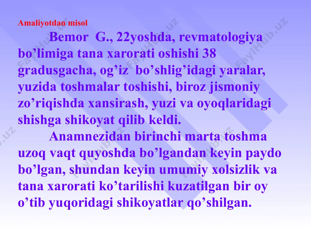 iluvchi autoantitanalar rivojlanadi. sqyu ning xujayradan tashqari morfologik fenomeni bo‘lib, gemotoksilin tanachalar, le-xujayralar (xargreyvs xujayralari) xisoblanadi. bu xujayralar xususiyati quyidagilardan iborat: neytrofillar boshqa leykotsitlarning parchalangan yadrosini fagotsitozlaydi. bunda fagotsitozlangan neytrofil yadrosi perifiriga qo‘shilib qoladi. «rozetka fenomeni» - le-xujayraning bosqichdan oldingi xolati, parchalangan yadro atrofida neytrofillar to‘planib qolishi. sqyu da xujayra reaksiyalari xar xil. ko‘pincha mononuklearlar, limfoid xujayralar, gistiotsitlar va plazmatik xujayralar aniqlanadi. bu jarayonlarning oqibati asosida skleroz yotadi. tasnifi shu kungacha aniq tasnif qabul qilinmagan, lekin quyidagi formalarga ajratilgan: teri (integument formasi: integumentum) sistemali: o’tkir o’tkir osti surunkali kechishi o‘tkir kechishida 3 - 6 oydan keyin lyupus-nefrit aniqlanadi, ko‘pincha nefrotik sindrom tipi bilan. o‘tkir osti kechishi to‘lqinsimon. polisindromlik, ya’ni turli a’zo va sistemlar patologik jarayonga qo‘shilishi bilan xarakterlanadi. surunkali kechishida poliartrit yoki poliserozit, diskoidli volchanka, reyno sindromi residivlari ko‘p uchraydi. fakatn 5 – 10 yildan sung asta – sekinlik bilan xarakterli polisindromlik rivojlanadi. kliniko-laborator tavsifga binoan, jarayonning 3 ta aktivlik …