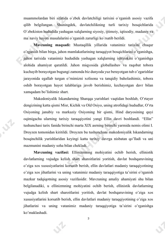 yingi katta tarixiy davrga nisbatan qo’lladi va uni mazmunini madaniy soha bilan chekladi. mavzuning vazifasi: ellinizmning mohiyatini ochib berish, ellinistik davlatlarning vujudga kelish shart sharoitlarini yoritish, davlat boshqaruvining o’ziga xos xususiyatlarini korsatib berish, ellin davlatlari madaniy taraqqiyotining o’ziga xos jihatlarini va uning vatanimiz madaniy taraqqiyotiga ta’sirini o’rganish mazkur tadqiqotning asosiy vazifasidir. mavzuning amaliy ahamiyati shu bilan belgilanadiki, u ellinizmning mohiyatini ochib berish, ellinistik davlatlarning vujudga kelish shart sharoitlarini yoritish, davlat boshqaruvining o’ziga xos xususiyatlarini korsatib berish, ellin davlatlari madaniy taraqqiyotining o’ziga xos jihatlarini va uning vatanimiz madaniy taraqqiyotiga ta’sirini o’rganishga ko’maklashadi. kurs ishining tuzilishiva hajmi: kurs ishi kirish, 2 bob va 4 banddan hamda xulosa, adabiyotlar ro’yxati va ilovalar iborat. hajmi 33 bet. i bob. ellinizmning vujudga kelishi va markaziy osiyoga ta’siri 1.1. ellinizmning vujudga kelishi va tarqalashi ellinizm — makedoniya, yunoniston, o’rta dengizning sharqiy sohillari, g’arbiy osiyo, qora dengiz atrofidagi mamlakatlar tarixining aleksandr (iskandar) istilosi (miloddan avvalgi 334-323 yillar) …