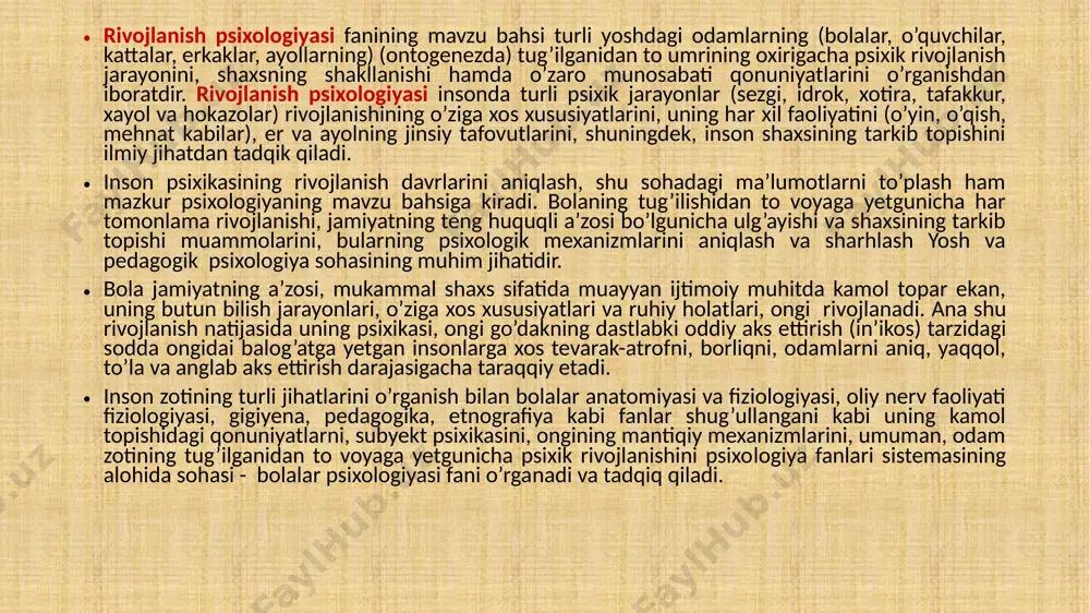 iyasi, gigiyena, pedagogika, etnografiya kabi fanlar shug’ullangani kabi uning kamol topishidagi qonuniyatlarni, subyekt psixikasini, ongining mantiqiy mexanizmlarini, umuman, odam zotining tug’ilganidan to voyaga yetgunicha psixik rivojlanishini psixo­logiya fanlari sistemasining alohida sohasi - bolalar psixologiyasi fani o’rganadi va tadqiq qiladi. yosh psixologiyasi (rivojlanish psixologiyasi)ning o‘rganish obyekti — ontogenezda normal, sog‘lom insonning o‘zgarishi va rivojlanishidir. yosh psixologiyasining predmeti — rivojlanishning yosh davrlari, bir yosh davridan keyingisiga o‘tishning sabablari, mexanizmlari, ontogenezda psixik rivojlanish, yo‘nalishlari, tempi, tendensiyalari va umumiy qonuniyatlaridir. yosh psixologiyasining bir qator muammolarini ajratib ko‘rsatish mumkin. 1. inson psixik xususiyatlari va xulq-atvori rivojlanishining organizm va muhitga bog‘liqligi muammosi. 2. insonning rivojlanishiga stixiyali ta’lim va tashkil etilgan ta’limning ta’siri muammosi. 3. layoqat va qobiliyatlarning o‘zaro munosabati muammosi. psixika va xulq-atvorda yuzaga keladigan bu turdagi yoshga xos o‘zgarishlar evolutsion o‘zgarishlar deb ataladi. evolutsion o‘zgarishlarda miqdoriy va sifatiy qayta qurishlar nisbatan sekinlik bilan amalga oshadi. nisbatan qisqa vaqt oralig‘ida jadal yuz beradigan chuqur o'zgarishlarni revolutsion …