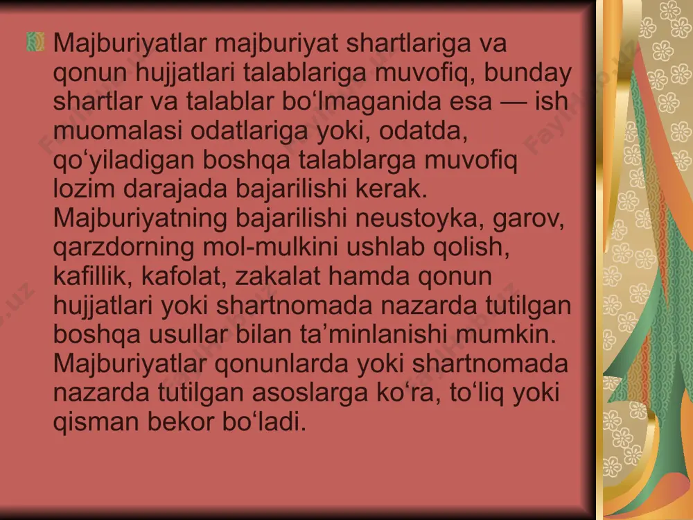 , ularga har turdagi xizmatlar ko`rsatish, uy-joylar berish va boshqa hollarda vujudga keladigan munosabatlarni ham tartibga soladi. jamiyatdagi majburiyatga oid huquqiy munosabatlar fuqarolar va tashkilotlarning xilma-xil ehtiyojlarini qondirish, ta`minlash maqsadlarida o`rnatiladi. majburiyatlar to`g`risidagi normalar mulkning bir shaxsdan ikkinchi shaxsga o`tishini, ishlab chiqarish va maishiy xizmat ko`rsatish korxonalari orqali xilma-xil xizmatlar ko`rsatilishini tartibga soladi. maj-buriyatlar vositasida mulk va mulkiy huquqlar qo`riqlanishi ta`minlanadi, fuqaroning sog`lig`iga zarar yetkazilganda, fuqaro o`ldirilganida ko`rilgan zararlar qoplanadi va hokazo. majburiyat huquqi fuqarolar bilan fuqarolar o`rtasidagi munosabat-larni ham, jumladan, bozorlarda oziq-ovqat mahsulotlarini olishda, uy-joy sotib olish va boshqa hollarda bo`ladigan o`zaro munosabatlarni ham tartibga soladi. u tashkilot va fuqarolarga yetkazilgan mulkiy zararning to`lanishini, shuningdek qonun yoki shartnomalar bilan belgilangan asoslar bo`lmay turib olingan narsalarning qaytarilishini ta`minlaydigan huquq-larni ham o`z ichiga oladi. majburiyat huquqi tizimi ikki asosiy bo`limdan: majburiyatlar to`g`risidagi umumiy qoidalar va majburiyatlarning ayrim turlariga oid maxsus qoidalardan iborat. majburiyat to`g`risidagi umumiy qoidalarda (fkning 234-385-mod-dalari) majburiyatlarning kelib chiqishi …