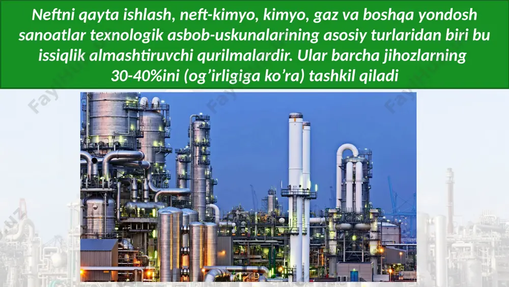 2s esa oz miqdori zararlidir. gazlarni h2s va so2 dan tozalashni bir necha xil usullari bor. ular asosan ikki guruhga bo‘linadi: absorbsiya va desorbsiya usullari. absorbsiya usuli o‘z navbatida ikkiga bo‘linadi: kimiyoviy (xsmosorbsiya) va fizikaviy. neft mahsuloti tavsifi haqida so’z yuritish uchun aniq birikmalarni fraksiyalar deb nomlanuvchi guruhlarga kiritish maqsadga muvofiq bo’ladi. fraksiya (yoki pogon) aniq ikki harorat orlag’ida qaynaydigan barcha birikmalarni jamlaydi. bu haroratlar fraksiyalarning qaynash chegarasi yoki qaynab bug’lanish oralig’i deb ataladi. neft fraksiyalarining muhim fizik xossalariga ma’lum bosimda qaynash, qotish, suyuqlanish-harorati zichligi yopishqoqligi (ayniqsa, yuqori molekulali uglevodorodlar uchun), infraqizil nurlarii yutishi, nur sindirish ko’rsatgichi kiradi. adabiyotlar: 1. smidovich e.v. texnalogiya pererabotka nefti i gaz ch.2.m: ximiya 1980 str 274-280. 2. sunyaev s.i “proizvodstvo,oblagora jivanie i primenenie neftyanogo koksa. m: ximiya 1985, 296str. 3. balaberdina i. t. “fizicheskiy metodi pererabotka i ispolzovanie gaza m: ximiya 1987 str 262. 4. bakirov t.m “ pervichnaya pererabotka prirodnix gazov” m ximiya …
