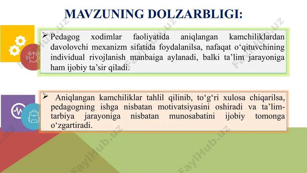niqlangan kamchiliklardan "davolovchi mexanizm" sifatida foydalanishning asosiy maqsadi – bu xatolarni jazolash vositasi sifatida emas, balki pedagogik jarayonni takomillashtirish va xodimlarning kasbiy o‘sishiga ko‘maklashuvchi o‘quv hamda rivojlantiruvchi mexanizmga aylantirishdir. vazifalar: kamchiliklarning tizimli tahlili va diagnostikasini o‘tkazish tashxis natijalaridan foydalanib, pedagogik jarayonni takomillashtirish rivojlantiruvchi va qo‘llab-quvvatlovchi o‘quv dasturlarini ishlab chiqish xodimlarning motivatsiyasi va kasbiy o‘sishini qo‘llab-quvvatlash xorijiy tajribalar buyuk britaniyada pedagog xodimlarning kamchiliklarini aniqlash va tuzatish uchun quyidagi mexanizmlar qo‘llaniladi: 1.o‘qituvchilarni baholash va nazorat tizimi (ofsted va ichki baholash) 2.kasbiy rivojlanish va qayta tayyorlash (cpd-o‘qituvchilar doimiy kasbiy rivojlanish kurslariga qatnashishlari shart.kamchiliklar aniqlanganda pedagoglar uchun mos treninglar tashkil etiladi; mentorlik tizimi) 3.individual rivojlanish rejalari-har bir pedagog yillik baholashdan o‘tadi, kamchiliklar kuzatilgan pedagoglar maxsus qo‘llab-quvvatlash dasturiga jalb etiladi. 4.o`qituvchilarni malakasini baholash va sertifikatlash- o‘qituvchilar malakasi teaching regulation agency tomonidan nazorat qilinadi, past natija ko‘rsatganlarga pedagogik faoliyatni yaxshilash bo‘yicha tavsiyalar beriladi.ba’zan o‘qituvchining litsenziyasi bekor qilinishi ham mumkin. 5.o‘quvchilar va ota-onalar fikri-maktab ma‘muriyati tomonidan ularning …
