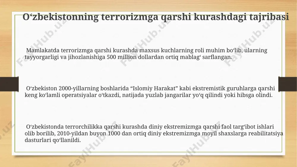 000 dan ortiq fuqaro qamrab olindi. xalqaro hamkorlik va mintaqaviy yondashuvlar o'zbekistonning 20 dan ortiq davlat bilan terrorizmga qarshi kurash bo'yicha ikki tomonlama va ko'p tomonlama kelishuvlari mavjud bo'lib, bu mintaqaviy xavfsizlikni mustahkamlashga xizmat qiladi. shanxay hamkorlik tashkiloti doirasidagi hamkorlik, jumladan, 10 dan ortiq qo'shma mashg'ulotlar va terrorizmga qarshi maxsus operatsiyalardagi tajriba almashinuvi, terrorizmga qarshi kurash samaradorligini oshirdi. mdh doirasidagi terrorizmga qarshi kurash bo'yicha sa'y-harakatlar natijasida 500 dan ortiq ekstremistlar qo'lga olindi va transnatsional jinoyatchilikka qarshi kurash kuchaytirildi. e'tiboringiz uchun rahmat @taqdimot_robot image3.png image4.png