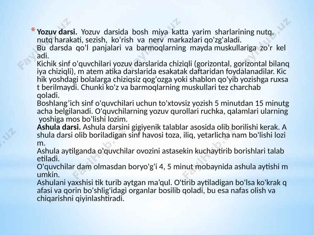 qliy ish bajarayotgan o’quvchilarni aktiv faoliyatiga ko’chirishdir . jismoniy tarbiya darsi. jismoniy tarbiya darsi 4 m 2 bo‘lgan, maxsus xonada o‘tk azilishi kerak. bu xonada havo harorati sinf harorati 15 c bo’lib, uskunalar bolalarning bo’yi va jismoniy rivojlanishi darajasiga to'g'ri keladi jismoniy tarbiya darslarida bolaning yoshi, jinsi va salomatiigining holati e'tib orga olinishi kerak. /docprops/thumbnail.jpeg