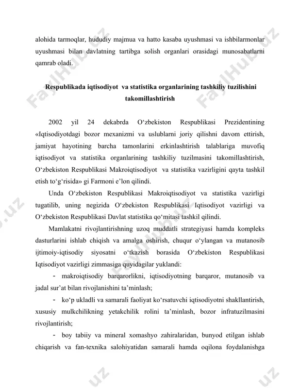 espublikasi iqtisodiyot vazirligining asosiy vazifalari etib quyidagilar belgilandi: · jamiyatni rivojlantirish hamda demokratik qayta o‘zgartirishlarning maqsad va ustuvor yo‘nalishlaridan kelib chiqqan holda iqtisodiyotni yanada erkinlashtirish va isloh qilishning, iqtisodiyotni boshqarishda bozor uslublari va mexanizmlarini joriy etishning chuqur o‘ylangan strategiyasini ishlab chiqishni tashkil qilish; · asosiy makroiqtisodiy ko‘rsatkmchlarni, respulika mintaqalari hamda tarmoqlarning iqtisodiy va ijtimoiy rivojlanish darajasini sistemali tarzda kompleks tahlil qilib borish, iqtisodiy va ijtmoiy jarayonlarning rivojlanish tendensiyalarini o‘rganish, iqtisodiyotdagi mavjud nomutanosibliklarni aniqlash hamda ularni bartaraf etish yo‘llarini asoslab berish; · iqtisodiyotni rivojlantiishning ko‘p variantli ssenariylarini, mintaqalar va sektorlar bo‘yicha mamlakatni ijtimliy-iqtisodiy rivojlantirishning qisqa muddatli prognozlari hamda dasturlarini ishlab chiqish; · eng muhim qiymat, moddiy va mehnat balanslarini ishlab chiqishni tashkil etish; · asosiy makroiqtisodiy ko‘rsatkichlarni pul-kredit agregatlari, davlat budjeti parametrlari, tashqi savdo, to‘lov va tarmolararo balanslar bilan o‘zaro bog‘lanishlanishini ta’minlaydigan ta’sirchan mexanizmni shakllantirish; · demografik prognozlar, aholining aniq yo‘naltirilgan ijtimoiy muhofazasini kuchaytirish, ichki iste’mol bozorini to‘ldirish, xalq farovonligini o‘stirish, …