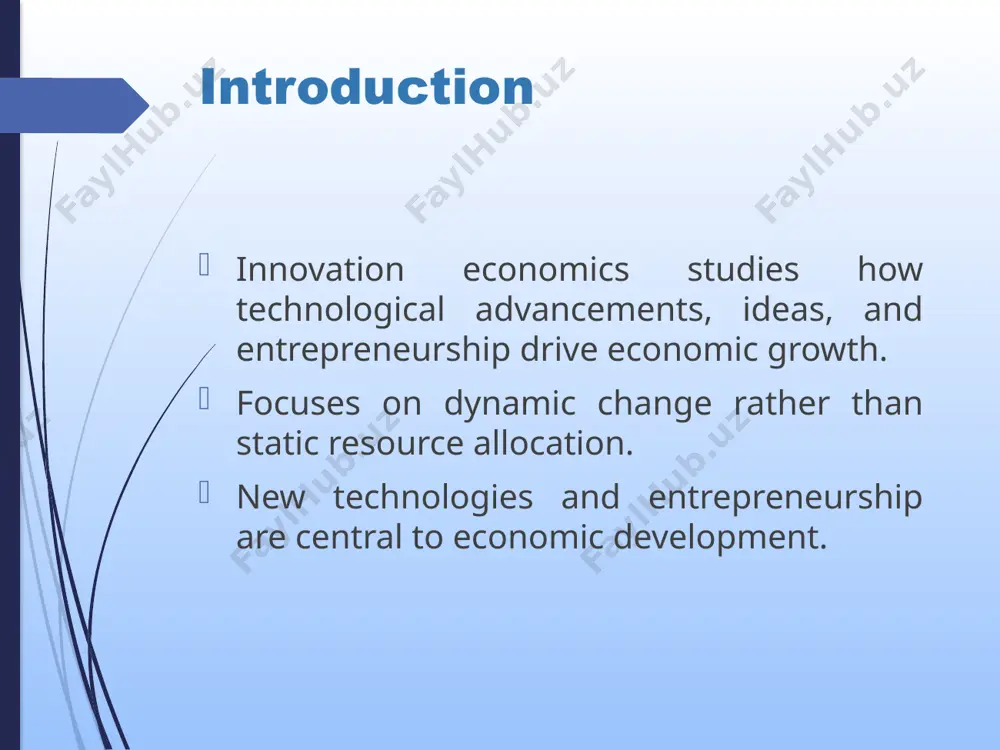 re critical to innovation. investment in education and r&d leads to the development of new technologies. countries with higher r&d investment, like south korea and germany, are more globally competitive. government’s role in innovation governments play a vital role by providing funding for r&d. tax incentives encourage businesses to invest in innovation. protection of intellectual property (ip) through patents and copyrights fosters innovation. public-private partnerships • governments and private firms often collaborate to foster innovation. • public-private partnerships reduce risks and increase innovation success rates. • example: collaboration in the renewable energy and space exploration sectors. global innovation ecosystem innovation is increasingly global, with collaboration across borders. cross-border partnerships enhance the speed and impact of innovation. example: international collaborations in the pharmaceutical industry for vaccine development. intellectual property protection intellectual property laws encourage innovation by protecting new inventions. patents, trademarks, and copyrights allow innovators to profit from their ideas. ip …