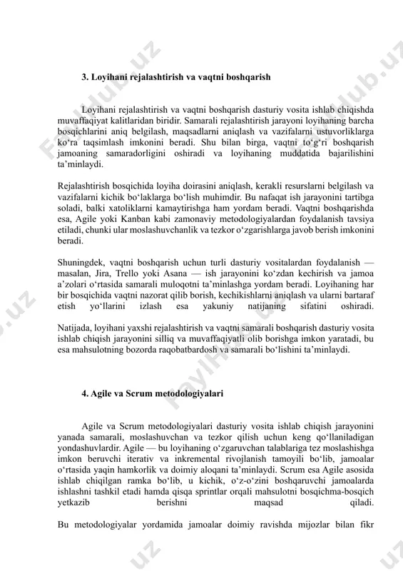 atli mahsulot yaratish mumkin bo‘ladi. samarali boshqaruvning asosiy afzalliklaridan biri — loyihaning muddatlarga mos ravishda bajarilishi va byudjet doirasida qolinishidir. bundan tashqari, yaxshi boshqaruv jarayoni xatoliklar va qayta ishlashlarni kamaytiradi, bu esa ishlab chiqish xarajatlarini kamaytirishga yordam beradi. shuningdek, samarali boshqaruv jamoa motivatsiyasini oshirib, har bir a’zoning o‘z vazifalarini aniq tushunishi va o‘z vaqtida bajarishini ta’minlaydi. natijada, dasturiy vosita ishlab chiqish jarayoni yanada tartibli, tezkor va sifatli bo‘ladi, bu esa raqobatbardosh mahsulot yaratishda muhim rol o‘ynaydi. 3. loyihani rejalashtirish va vaqtni boshqarish loyihani rejalashtirish va vaqtni boshqarish dasturiy vosita ishlab chiqishda muvaffaqiyat kalitlaridan biridir. samarali rejalashtirish jarayoni loyihaning barcha bosqichlarini aniq belgilash, maqsadlarni aniqlash va vazifalarni ustuvorliklarga ko‘ra taqsimlash imkonini beradi. shu bilan birga, vaqtni to‘g‘ri boshqarish jamoaning samaradorligini oshiradi va loyihaning muddatida bajarilishini ta’minlaydi. rejalashtirish bosqichida loyiha doirasini aniqlash, kerakli resurslarni belgilash va vazifalarni kichik bo‘laklarga bo‘lish muhimdir. bu nafaqat ish jarayonini tartibga soladi, balki xatoliklarni kamaytirishga ham yordam …