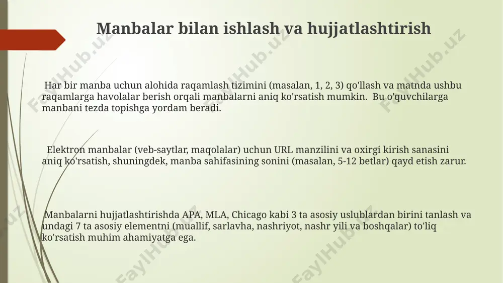 uvchini mazmun bilan tanishtirishda muhim rol oʻynaydi. rasmlar, jadvallar va diagrammalar bilan ishlash jadvallarni yaratib, kamida 5 ta ustun va 10 ta qatorni ishlatish, ma'lumotlarning mantiqiy tuzilishini va tahlilini osonlashtiradi. rasmlarni sifatini saqlagan holda, 300 dpi dan yuqori o'lchamlarda joylashtirish matn bilan uyg'unlikni ta'minlaydi va chop etish sifatini yaxshilaydi. diagrammalar (masalan, ustunli, chiziqli diagrammalar) ma'lumotlarning 20% dan ortiq qismini vizual tarzda ifodalashda samarali vosita bo'lib xizmat qiladi. e'tiboringiz uchun rahmat @taqdimot_robot